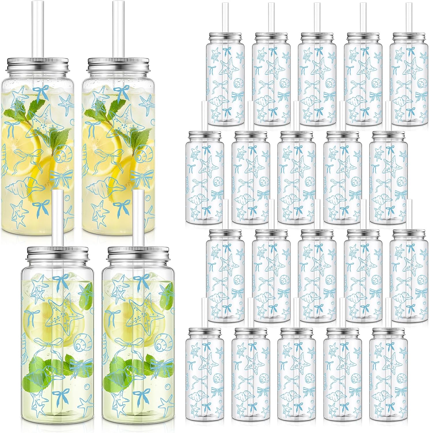 Vesici 24 Pack Beach Plastic Cups with Lid and Straw 13.5 oz Ocean Party Cup Clear Reusable Plastic Tumblers Bulk Blue Seashell Ocean Cold Drink Last Toast on the Coast for Summer Party Birthday