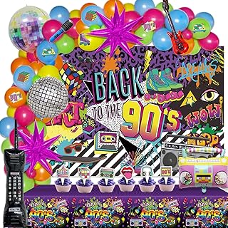 143 PCs 90s Party Decorations, Homond 90s Themed Birthday Party Decorations Backdrop Balloon Garland Arch Cutout Tablecloth Cupcake Toppers Gold Chain 4D Laser Disco Ball Explosion Star Retro