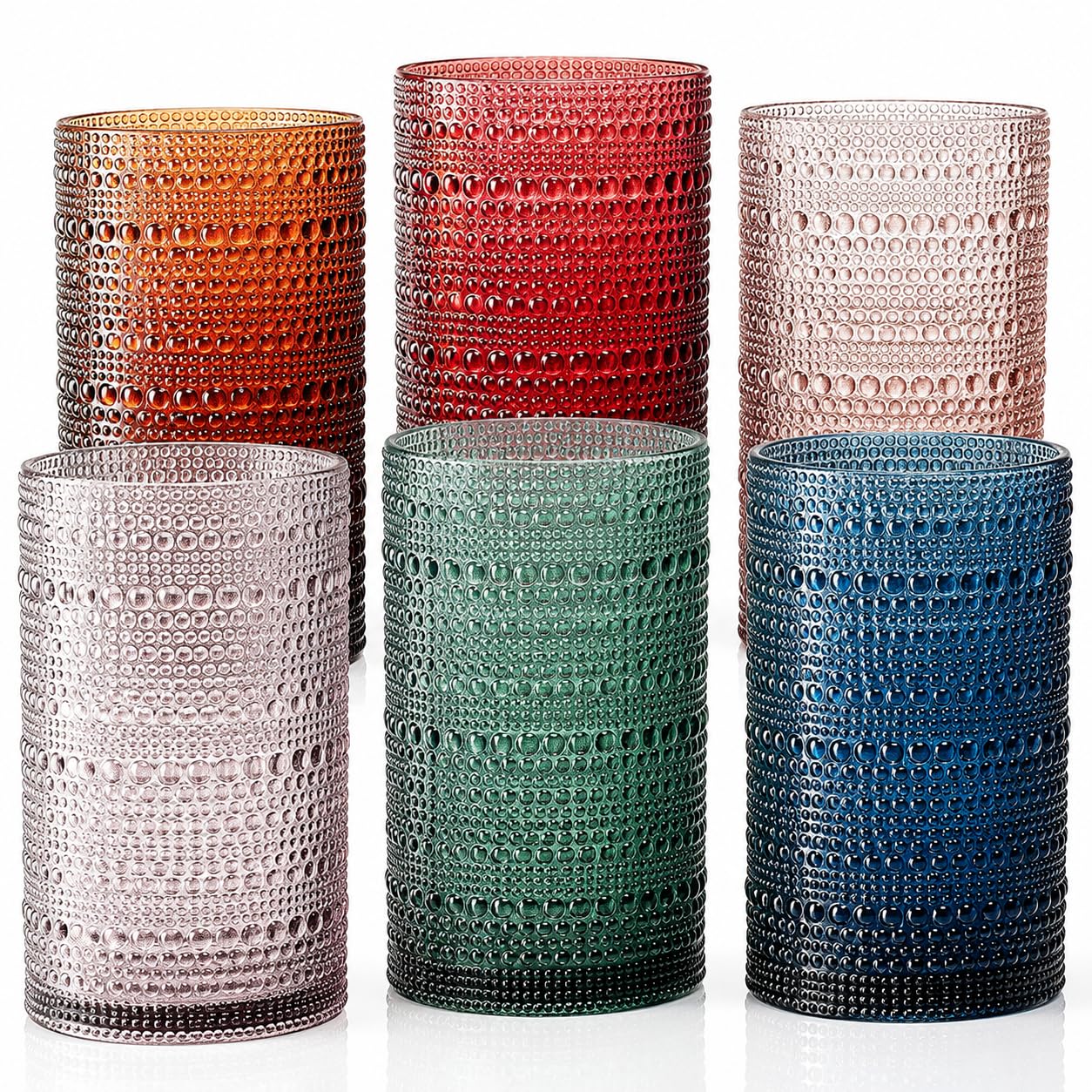 Khen Plastic Hobnail Drinking Highball Glasses Set of 6 Neutral Tones Cups 14oz, Shatterproof & Unbreakable Acrylic Beaded Design, BPA-Free, Dishwasher Safe Indoor/Outdoor Drinkware Water, Cocktails