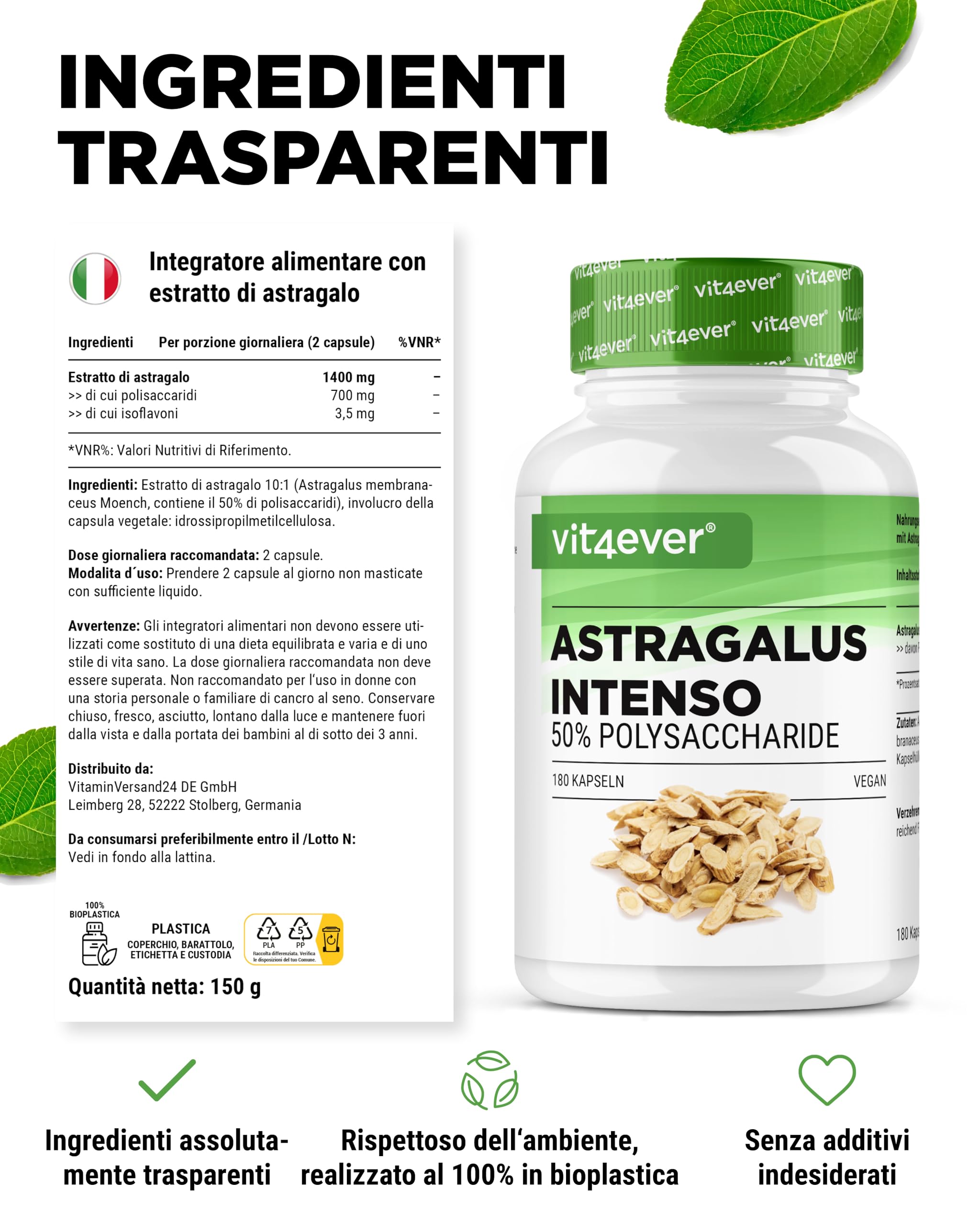 vit4ever Astragalo - Altamente dosato con 1400 mg di estratto puro al giorno - 180 capsule - Premium: 50% polisaccaridi - Estratto puro di astragalo - Senza additivi indesiderati - Vegano