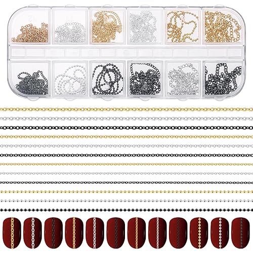 Hariendny 12 Strips Nail Chain Charms, Metal Nail Art Chains,