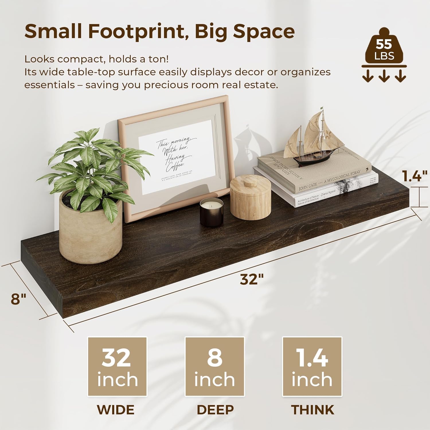 Rustic Floating Shelves for Home Decor, 32 Inch Long Wall Shelves Set of 2, Solid Elm Wood Floating Shelf for Wall, 8 Inch Deep Bookshelf for Storage & Display, 32 x 8 Bathroom Shelf, Walnut Color