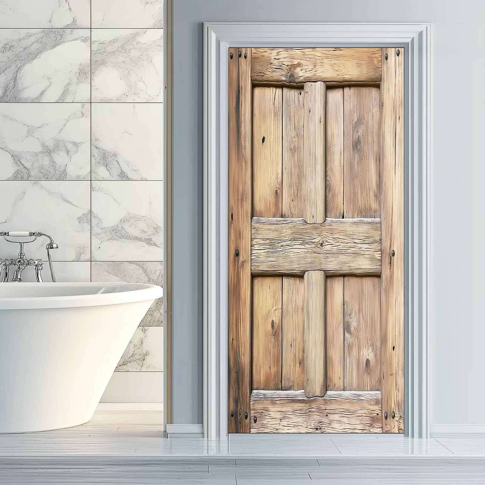 3D-Türtapete Türbild Selbstklebend 95 x 215 cm, Alte Holztür Nahaufnahme PVC Wasserdicht Abnehmbar für Küche Bad Büro Wohnzimmer Zimmerwanddekoration Türposter Selbstklebend Türfolie Hellbraunes