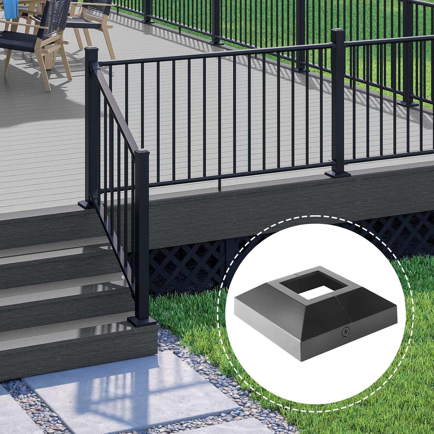 4Pcs 2x2 Inches Black Aluminum Deck Post Base Cover for 2"x2" Deck Railings, Stairs, Patios, Porches, Split Deck Post Skirt