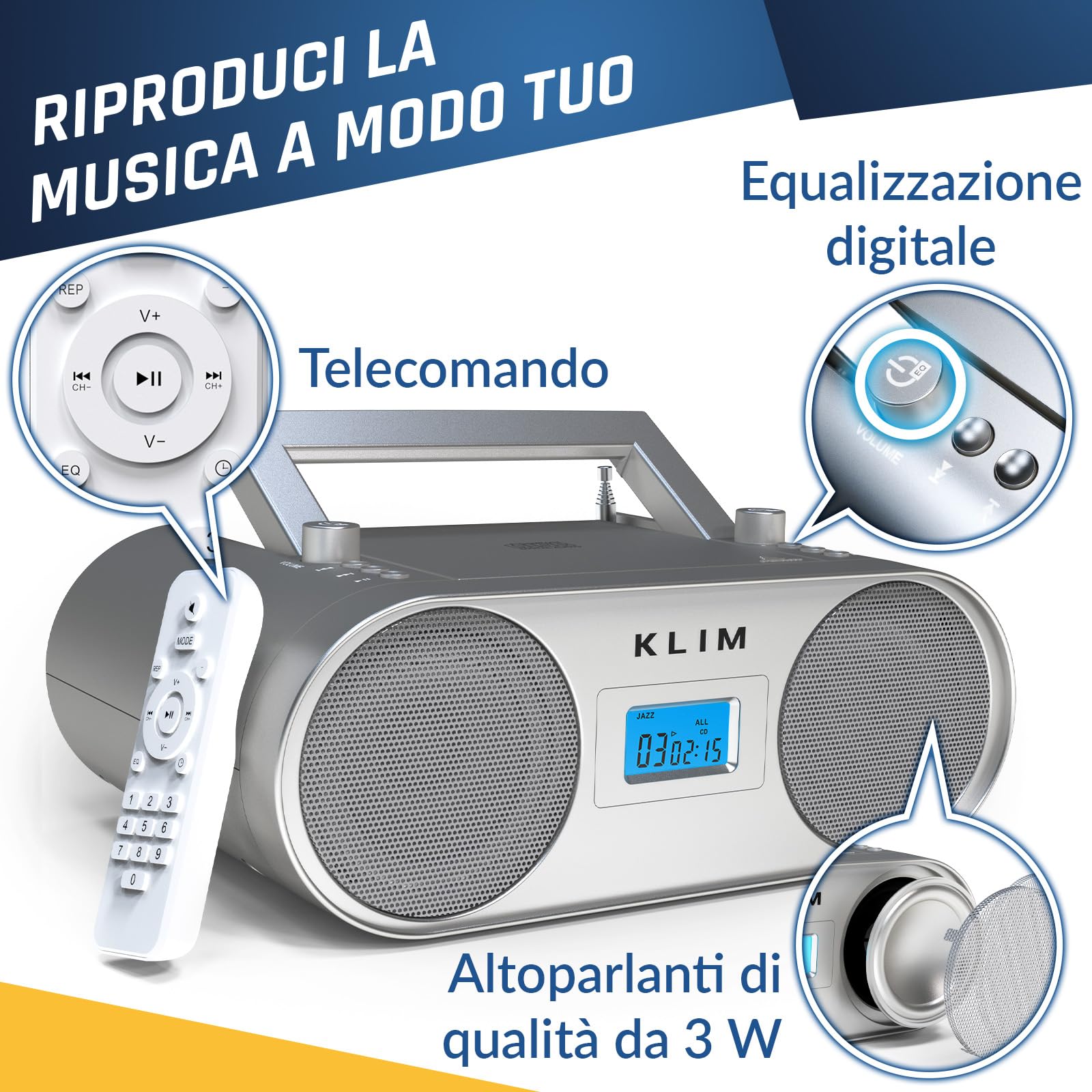 Boombox B4 Lettore CD Stereo, Bluetooth, AUX, AM FM Radio con e USB | Filo o Wireless, Batteria Ricaricabile, Telecomando, Standby Automatico, Eq Digitale, Non Fermare la Musica - Argento