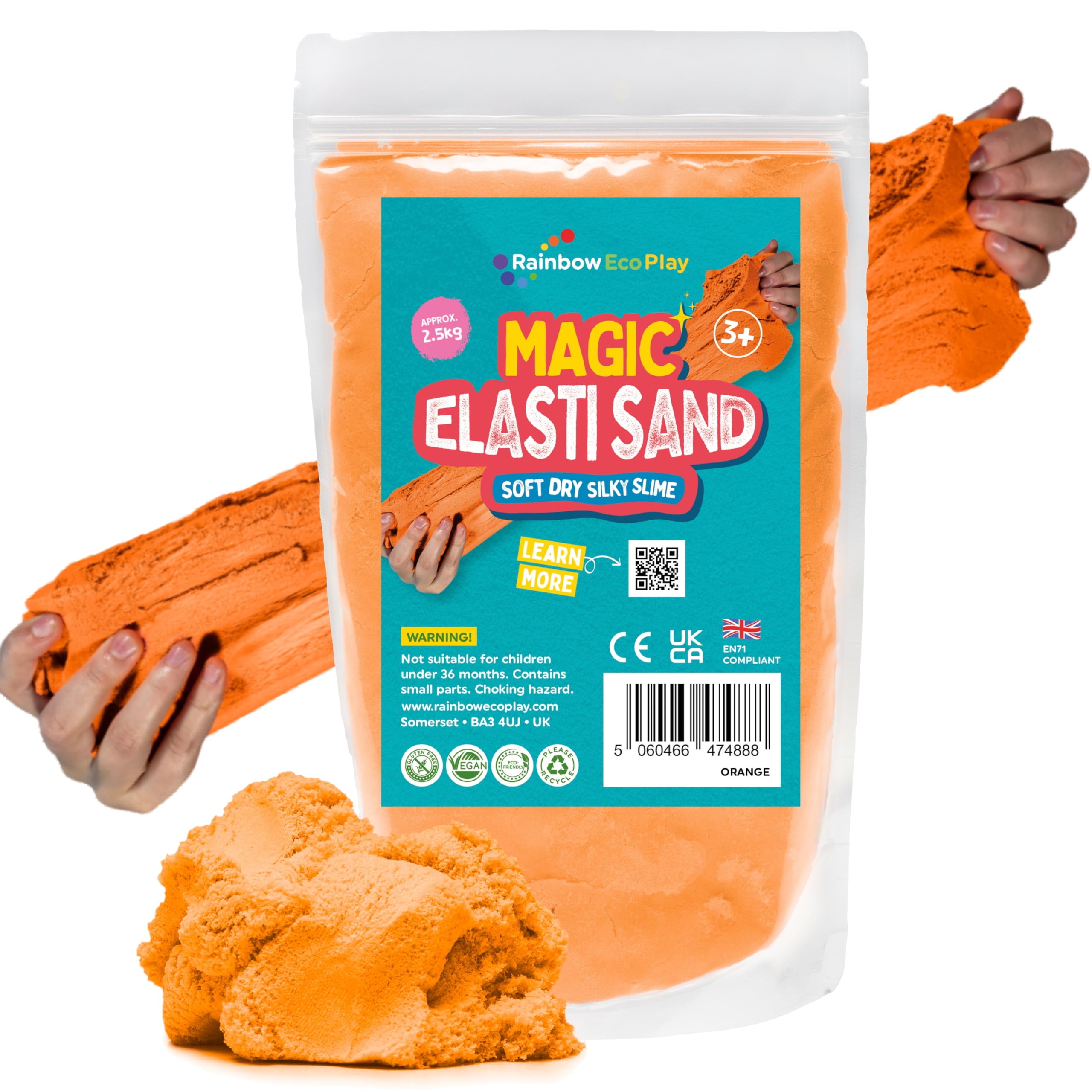 Rainbow Eco Play Orange - Magic Play Sand For Kids – Elasti - 2.5Kg - Childrens Eco-Friendly Non-Toxic Natural Coloured Sand - Sensory Magnetic Moon Kenetic Elastic –