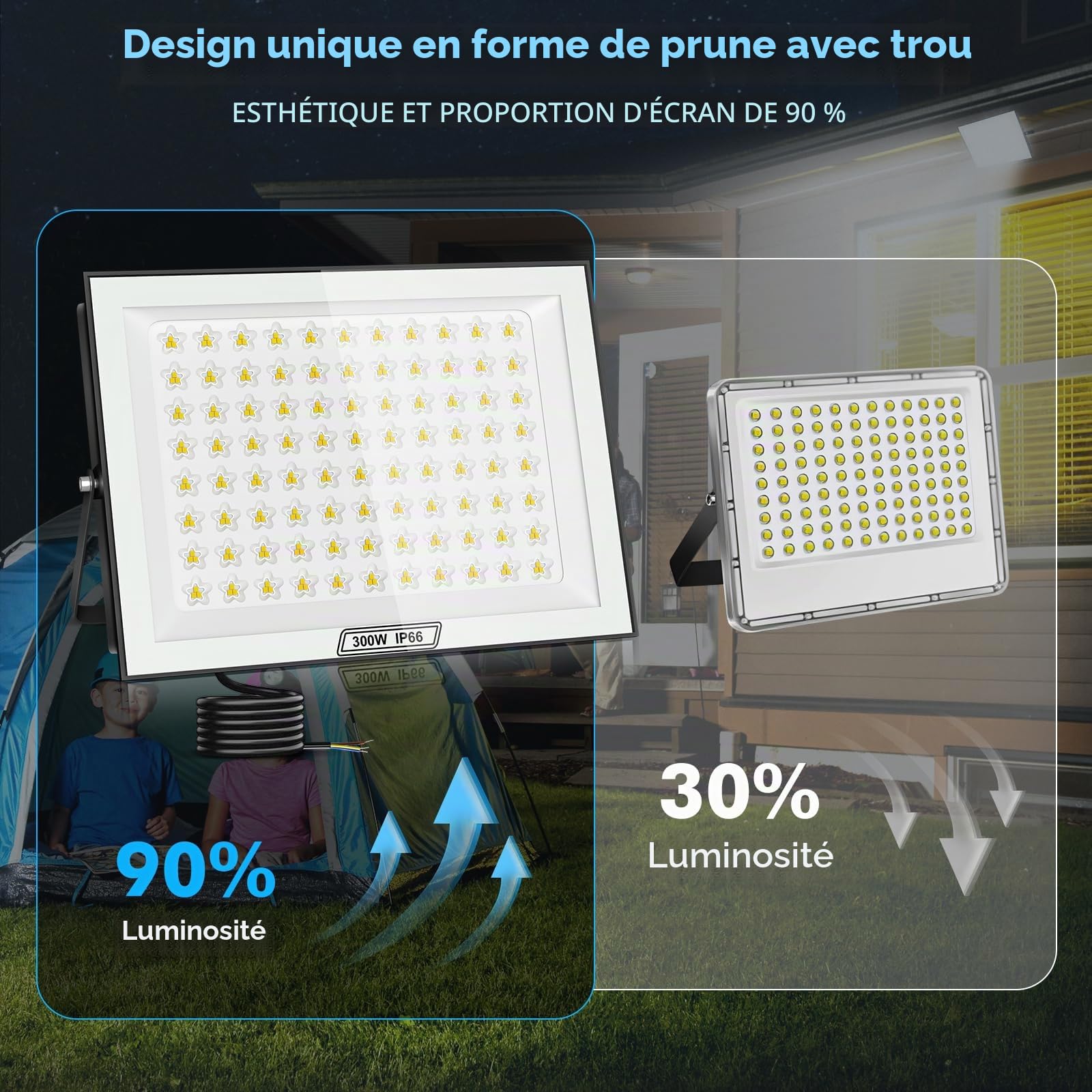 Projecteur LED d'extérieur 300W, 30000 lm, ultra-lumineux, blanc froid 6500 K, étanche IP66, pour jardin, allée, garage, couloir, jardin - 2 pièces