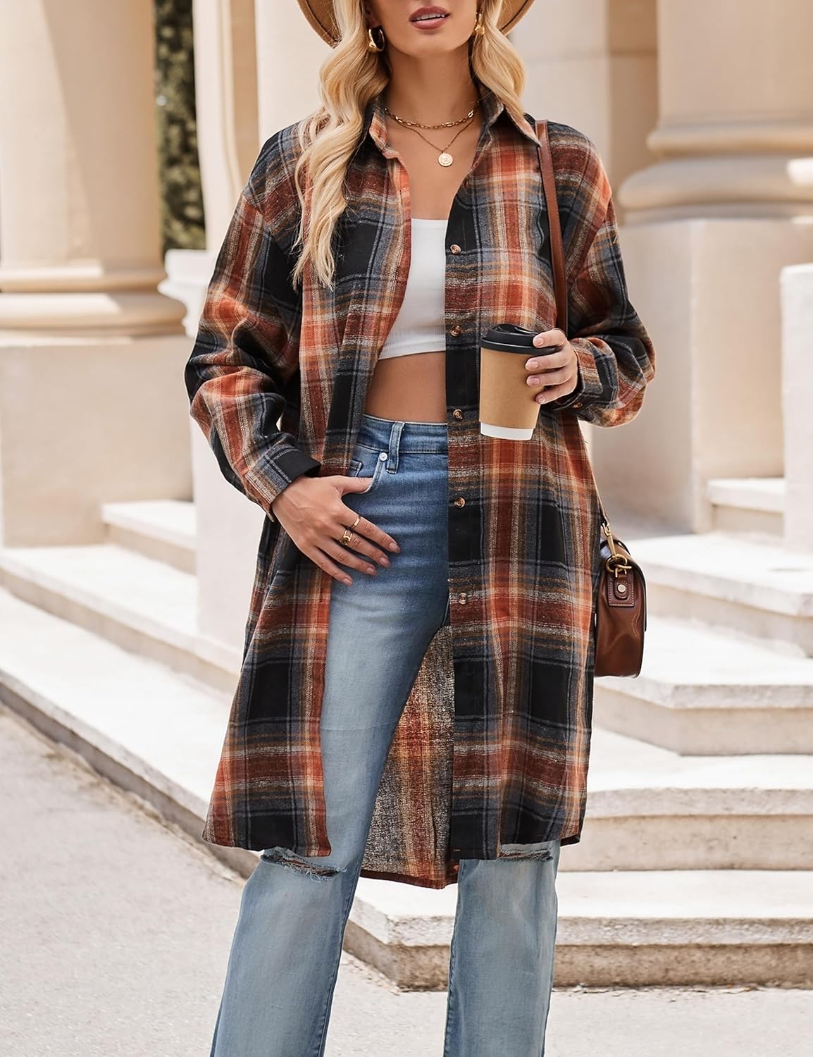 Womens Casual Long Flannel Plaid Shirts Fall Fashion Long Sleeve Boyfriend Coats Jackets with Pockets - Image 2