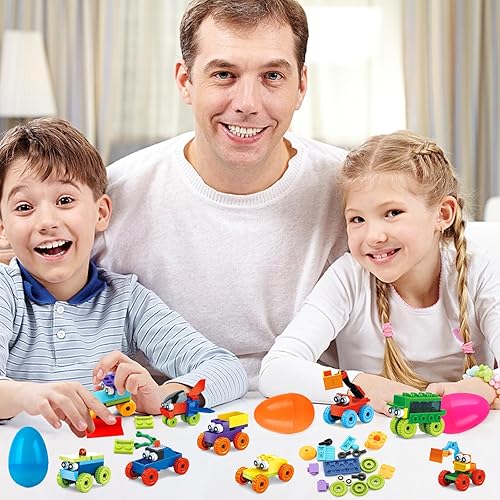 Miniatura 6 de JYXT Paquete de 12 huevos de Pascua con bloques de construcción de automóviles, rellenos de cesta de Pascua prellenados, mini bloque de construcción