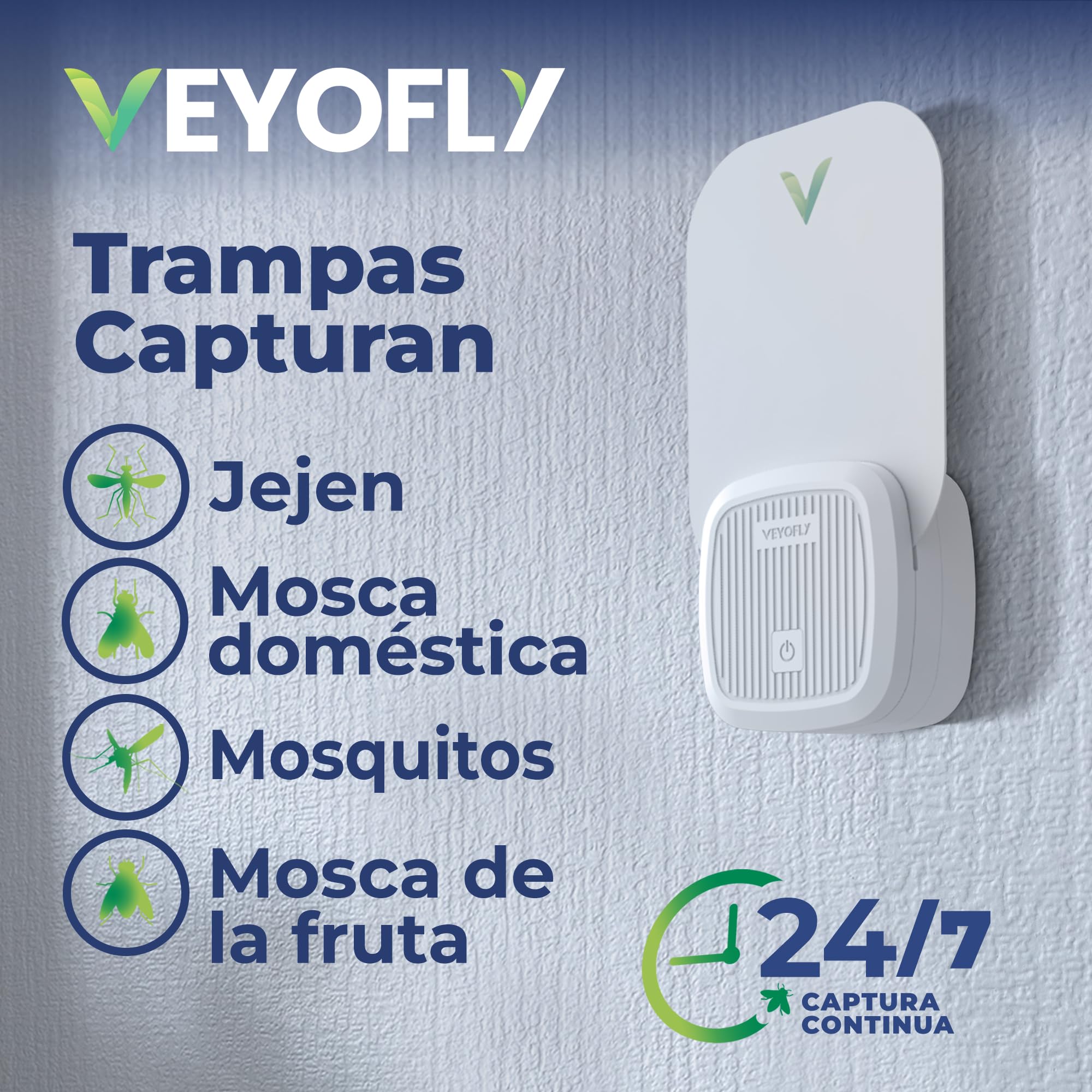 VEYOFLY Trampas para Moscas de la Fruta para Interiores, (1 Dispositivos + 3 Repuestos), Trampa Enchufable para Mosquitos e Insectos Voladores, Luz Atrayente para el Hogar, Capturador de Mosquitos