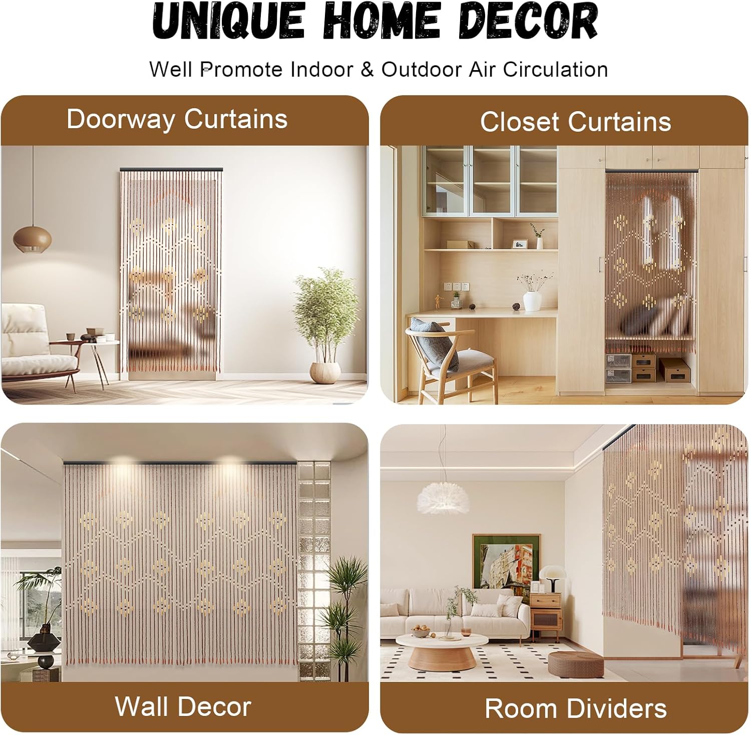 35.4"x68.9" Natural Wood & Bamboo Bead Curtain, 32 Lines Doorway Screen for Bedroom, Porch, Living Room (35.4x68.9in)