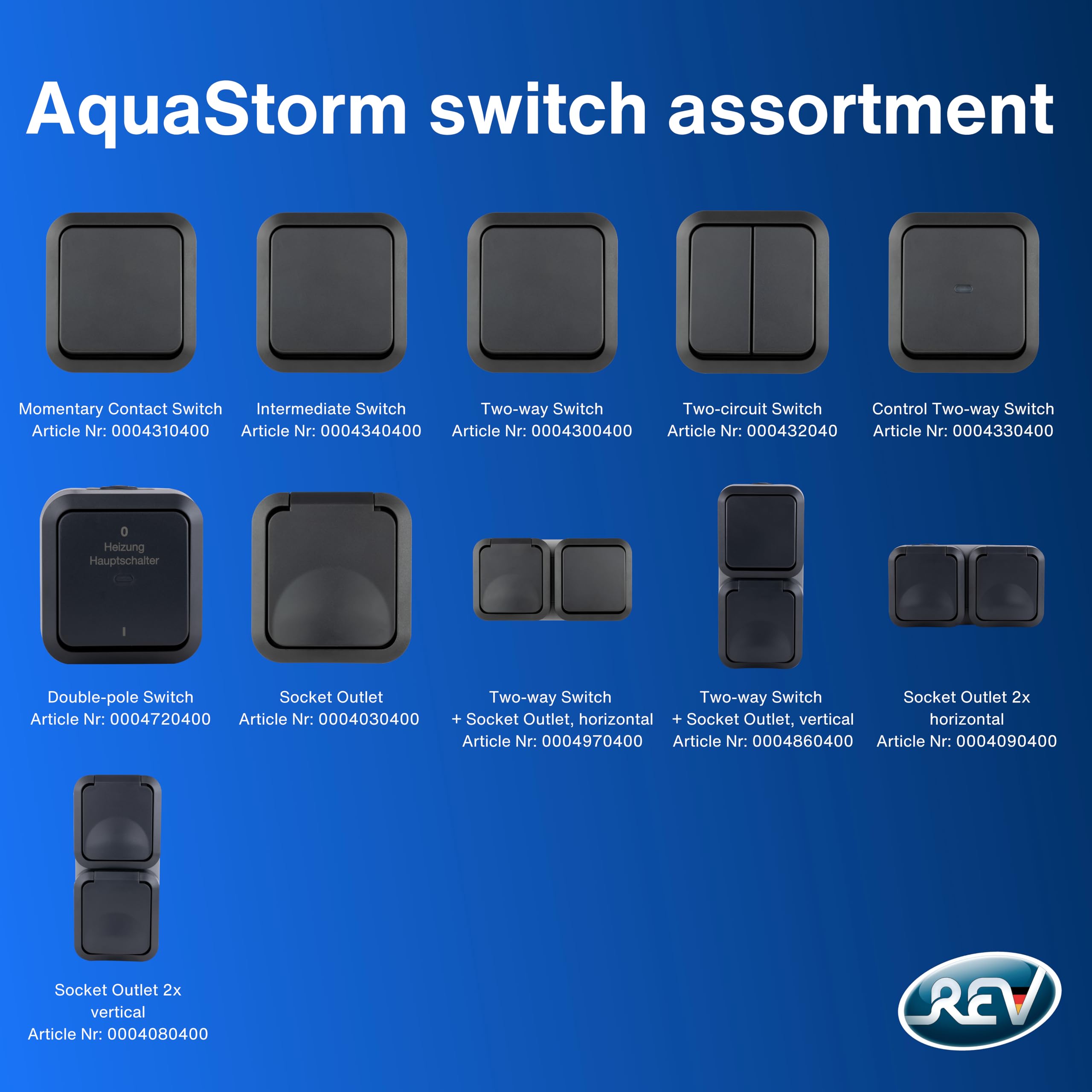 REV - AquaStorm, doble enchufe, IP55, bipolar, montaje en superficie vertical, 230 V, 16 A, antracita