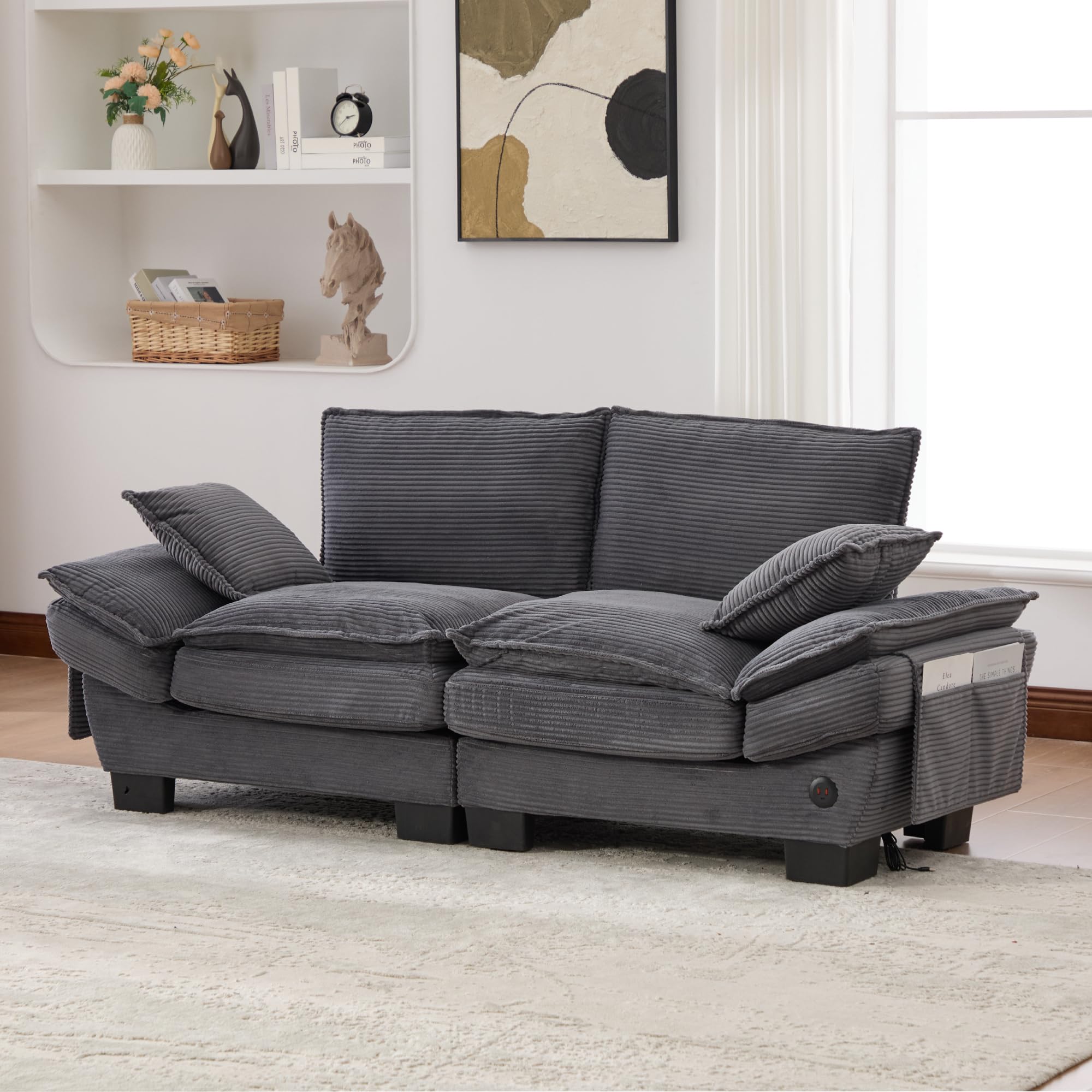 Modułowa sofa 2-osobowa, ergonomiczna szerokość siedziska z przyłączem C, sofa do salonu z bocznymi kieszeniami, do salonu, kolor ciemnoszary