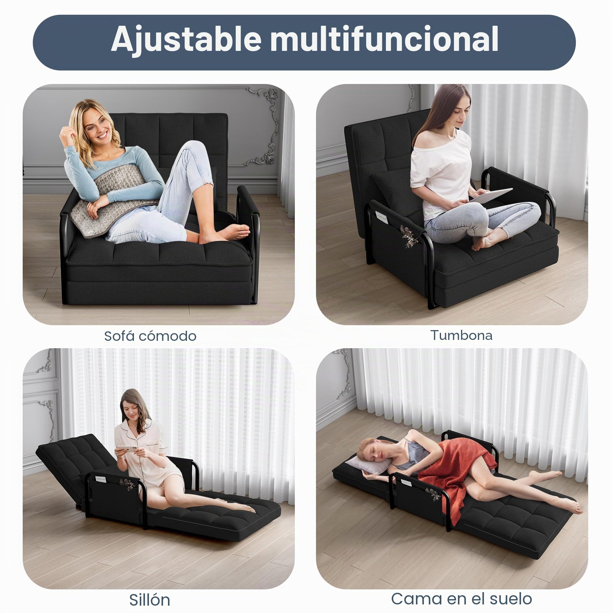 Sofá perezoso Tatami con 2 bolsillos laterales, sillón de suelo ajustable, silla de piso reclinable, ajustable 5 posiciones, asiento de suelo para casa y oficina, sentarse y acostarse (negro, A)