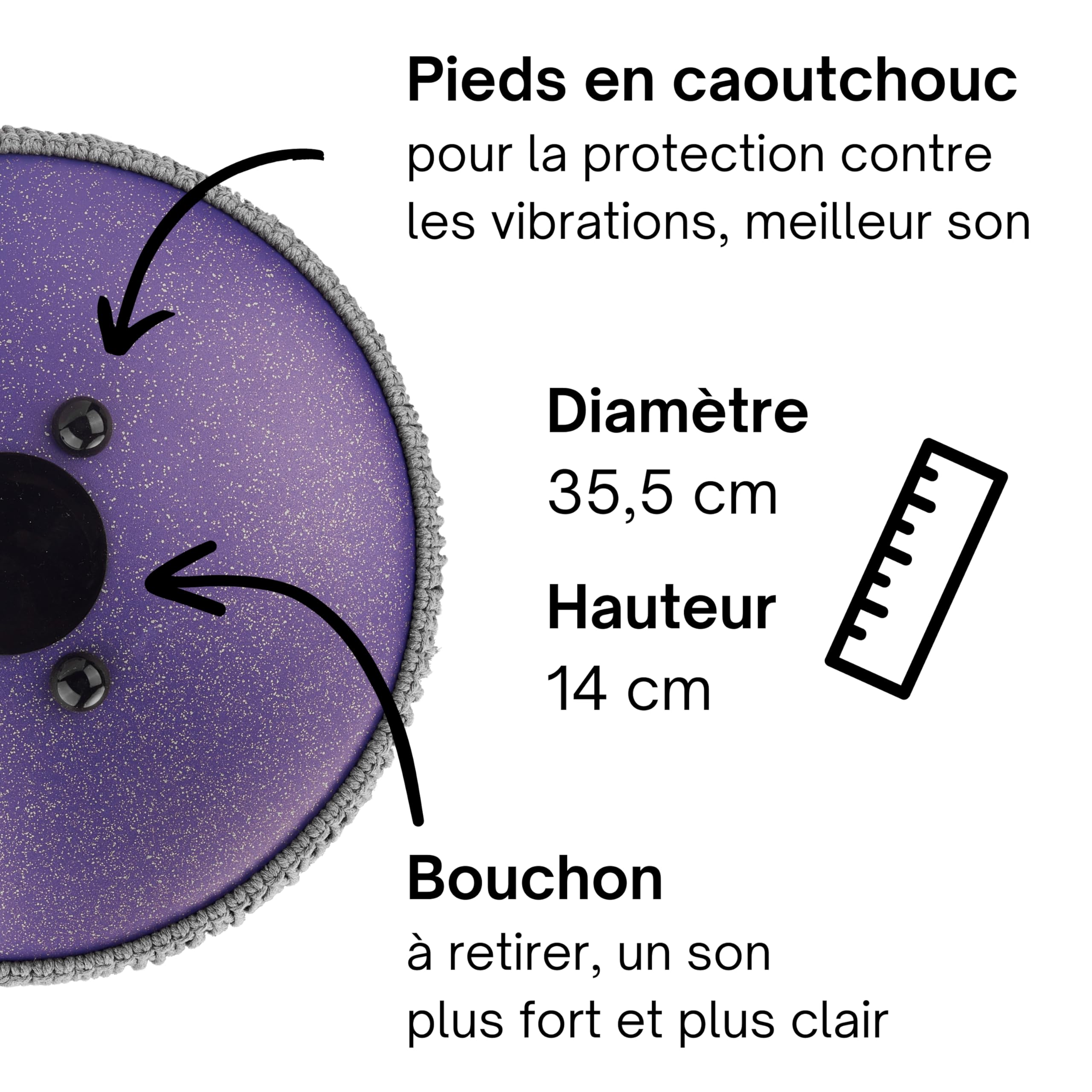 Steel Tongue Drum « Premium » do majeur en violet - 14 pouces avec 15 sons - Tambour à langue en acier avec livre de partitions, mailloches et sac. Savoir jouer des notes n'est pas nécessaire