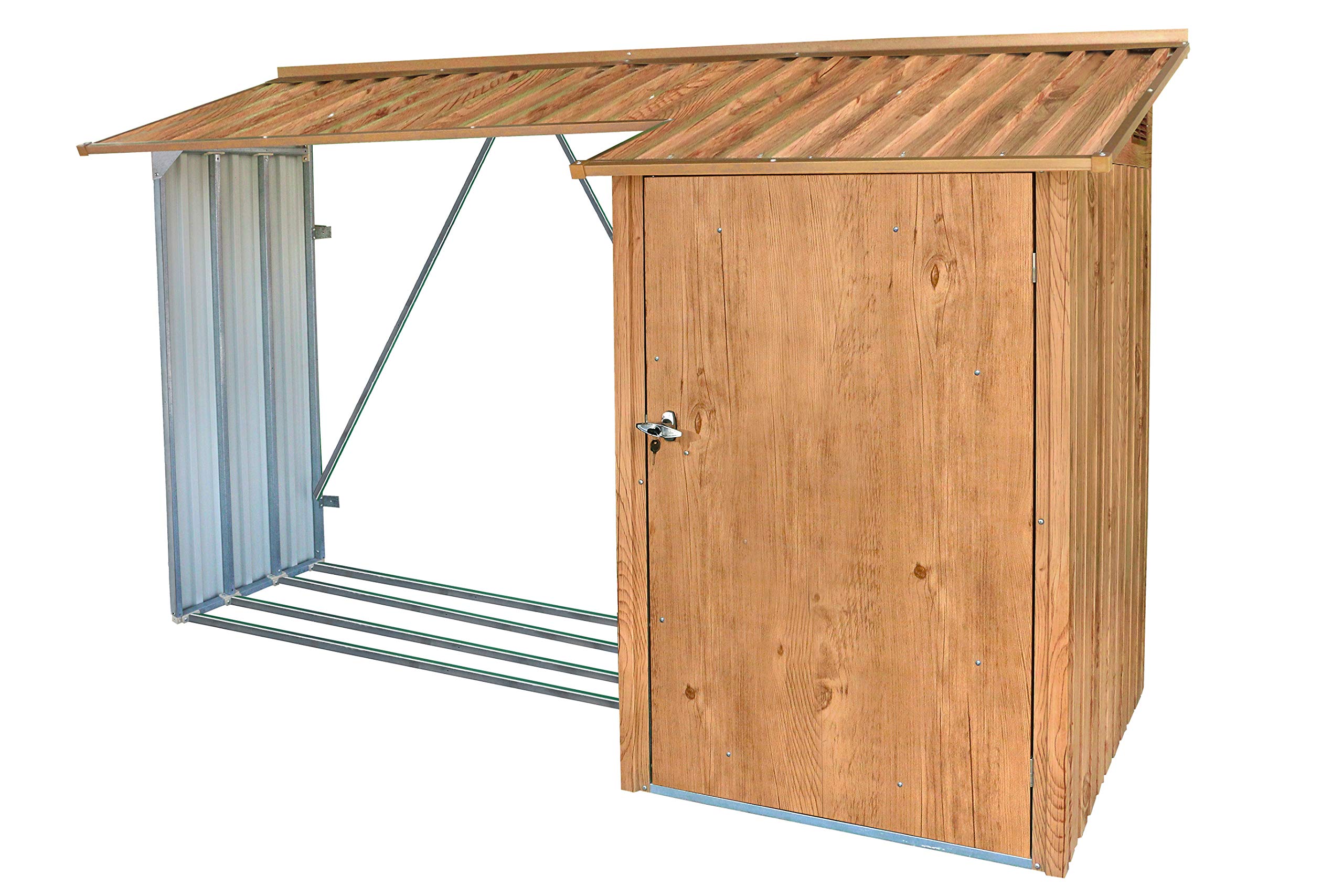 Duramax WoodStore Combo 8 x 3 Kaminholzunterstand, Holzlager mit seitlich geschlossenem Stauraum, Tür mit Schlüssel abschließbar, Boden zum Anheben des Holzes, Holzmaserung
