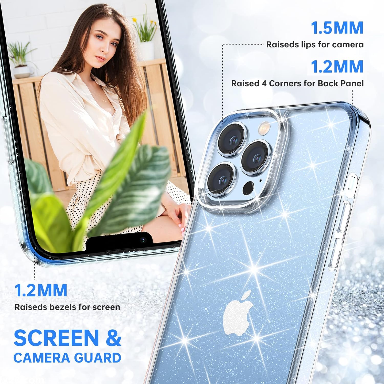 Facbiny Glitter Case Compatible with iPhone 13 Pro Max 6.7 inch, Shockproof Protective [Non Yellowing] Slim Hard Case for Women Girls, Sparkle Clear