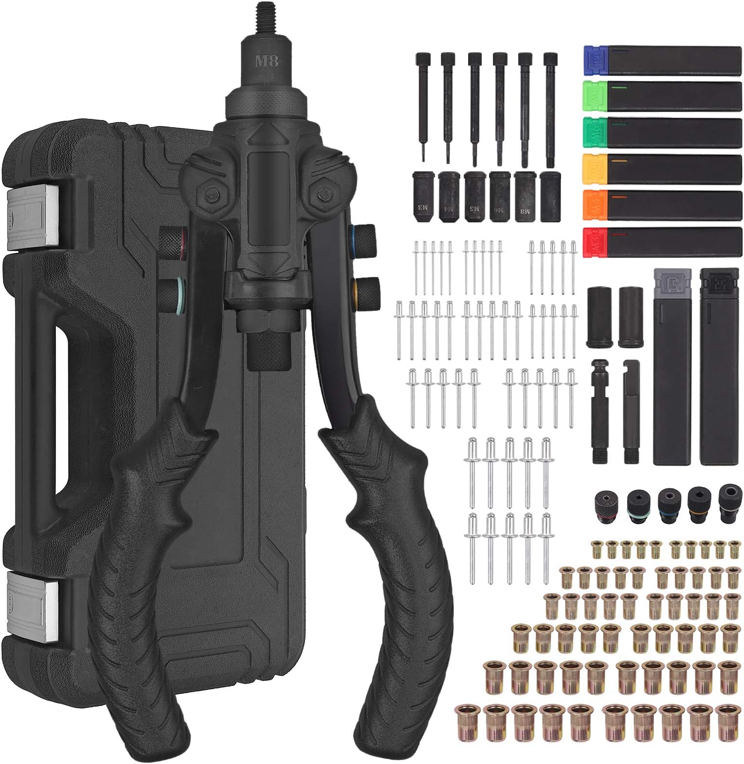Proster 3 in 1 Riveting Nut Gun Reaming Set, 10 Inches Rivet Nut Gun Reaming Tool M3-M10 Nuts 2.4-6.4 Rivet Square and Curved Broaches with 50PCS Rivet 60PCS Nut