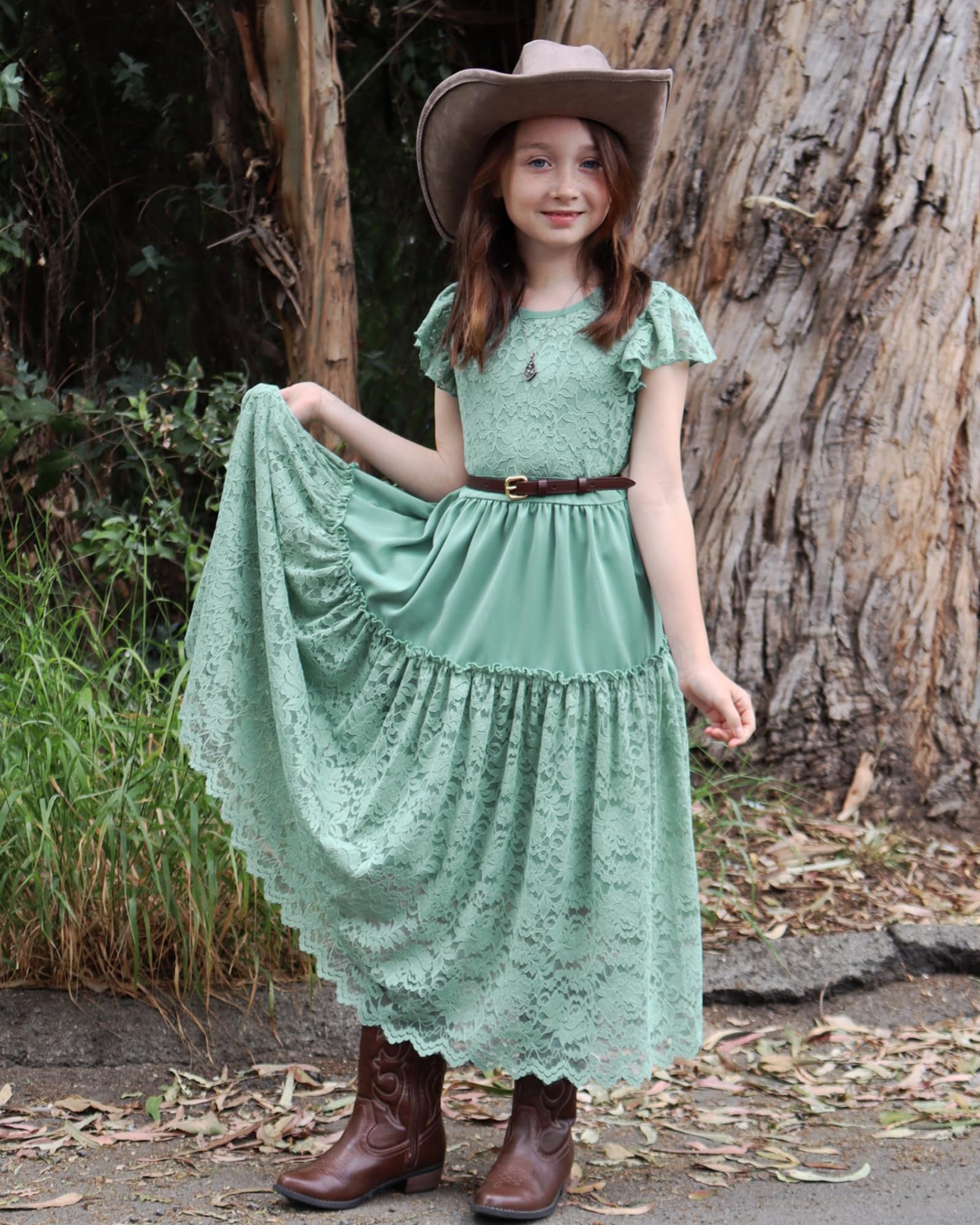 Rolanko Vestido largo de encaje bohemio para niñas, manga con volantes, vestido largo con forro para boda y fiesta