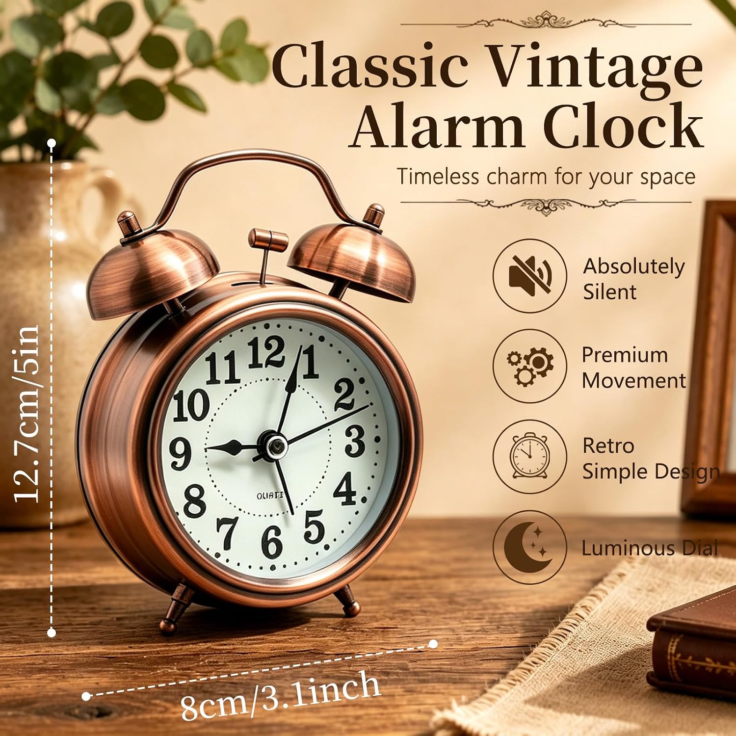 Loud Alarm Clock for Heavy Sleeper, Twin Bell Retro 3'' Silent Non-Ticking Mini Travel Quartz with Backlight, Luminous Dial, Battery Operated Mental Alarm Clock for Home Decoration Bedroom Bedside