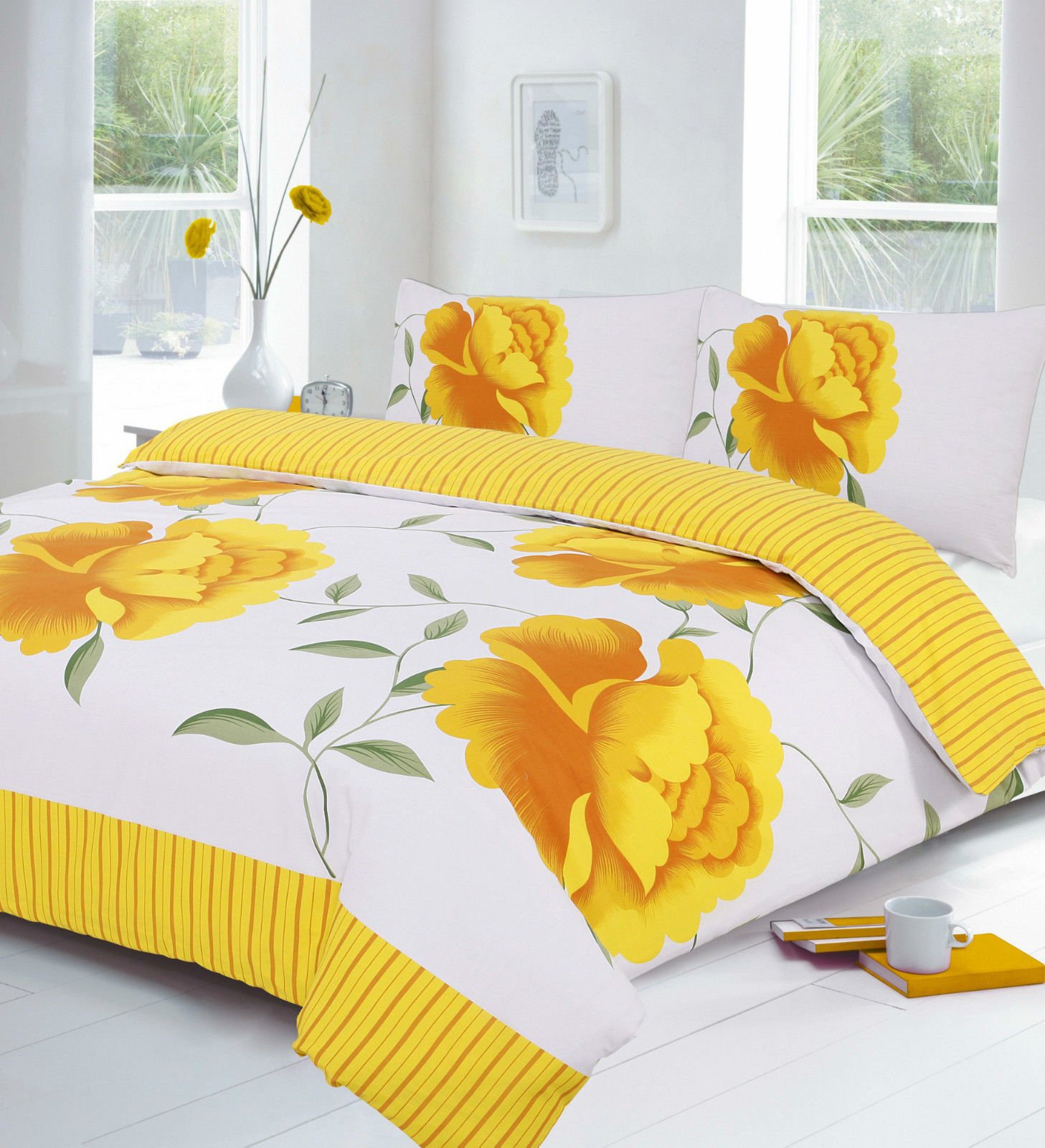 Goldstar® 3pcs Polycotton Floral Duvet Quilt Cover Set with Pillow Cases (King, Rosaleen Yellow)