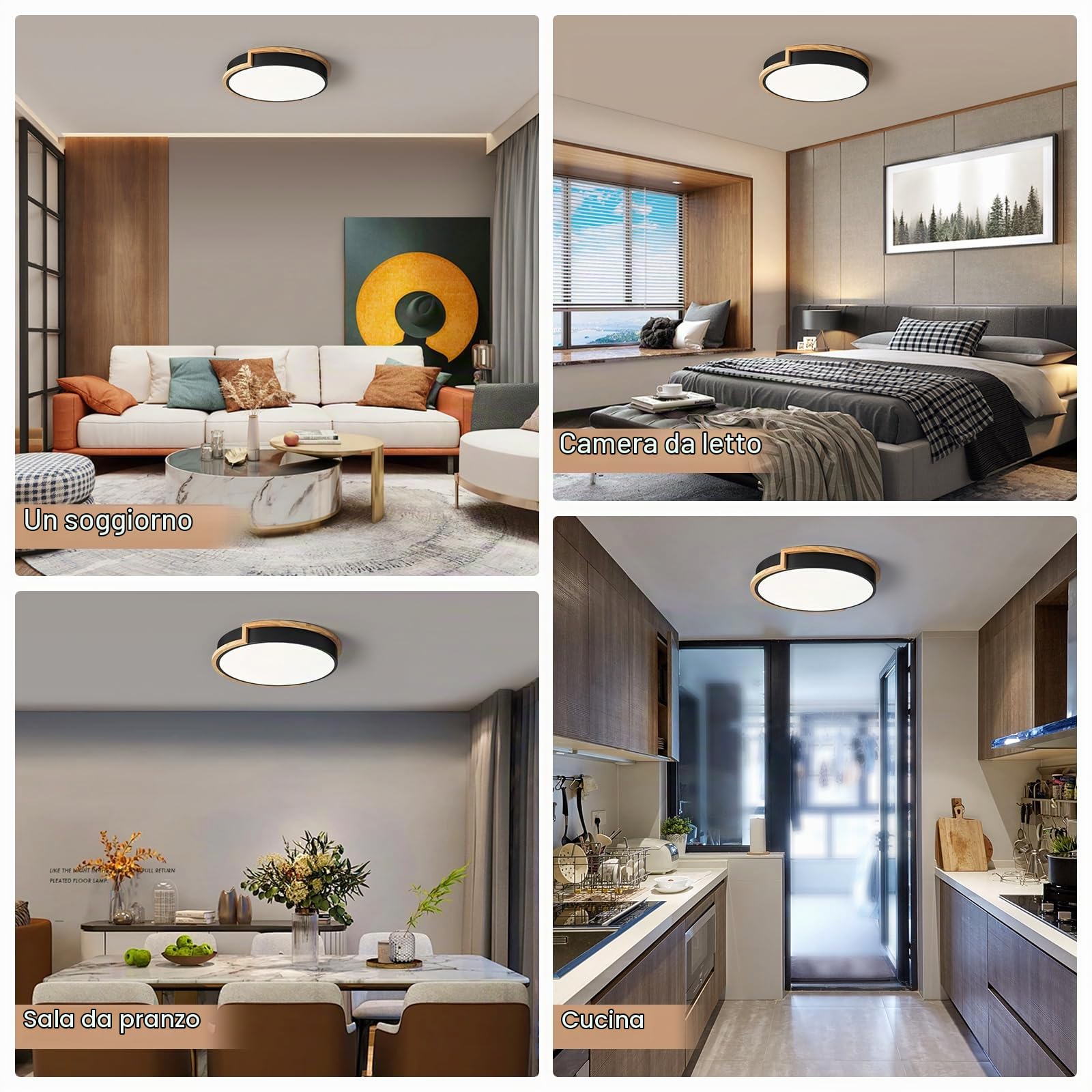 WOKNOS Lampada da soffitto, Plafoniera Bianca 40 cm, Lampada LED 36W con legno per camera da letto, soggiorno, cucina, corridoio, sala da pranzo, 4000K