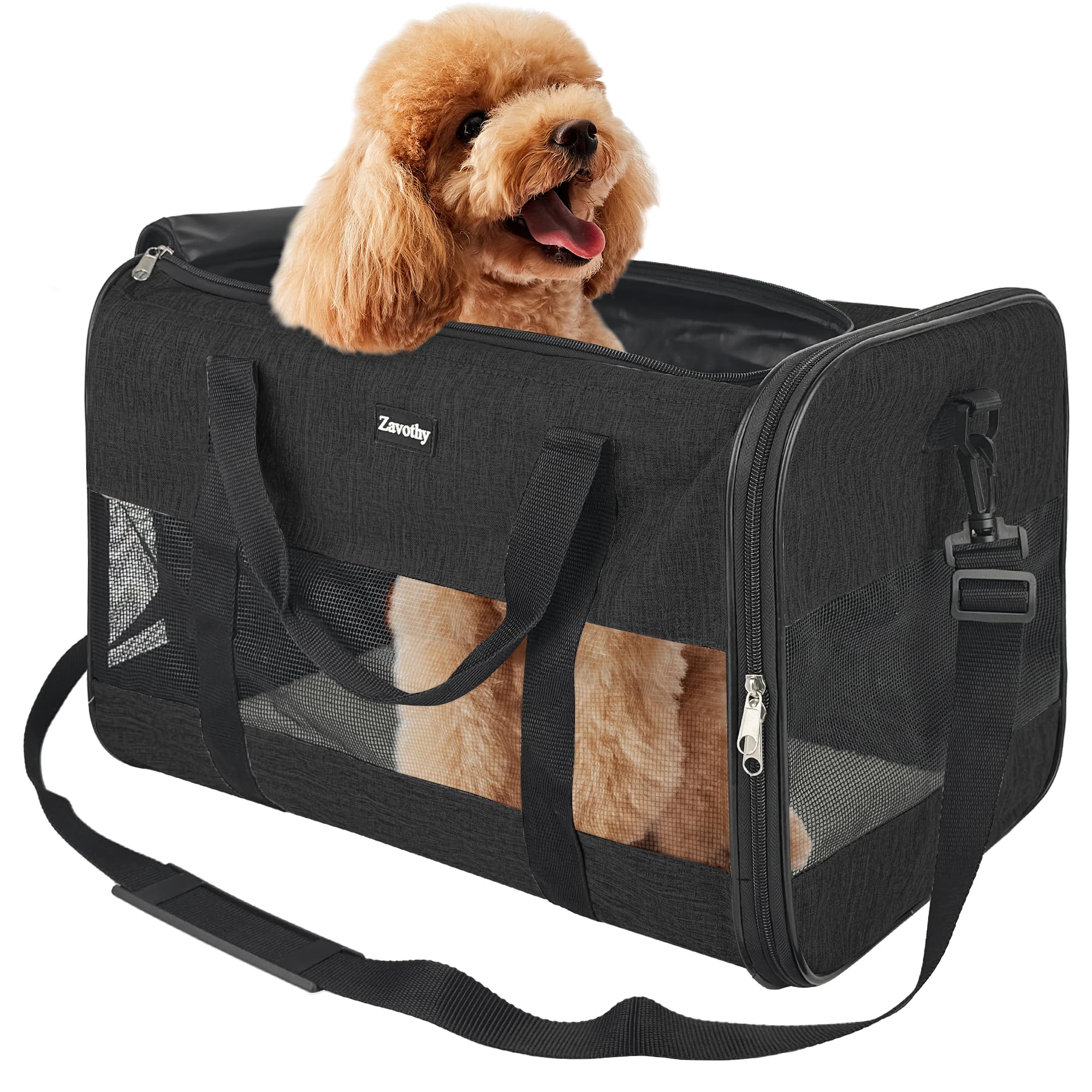 Zavothy Cat and Dog Carrier Bag, Breathable Foldable Cat Carrier Crate with Adjustable Shoulder Strap, Removable Plush Mattress (Black, L)