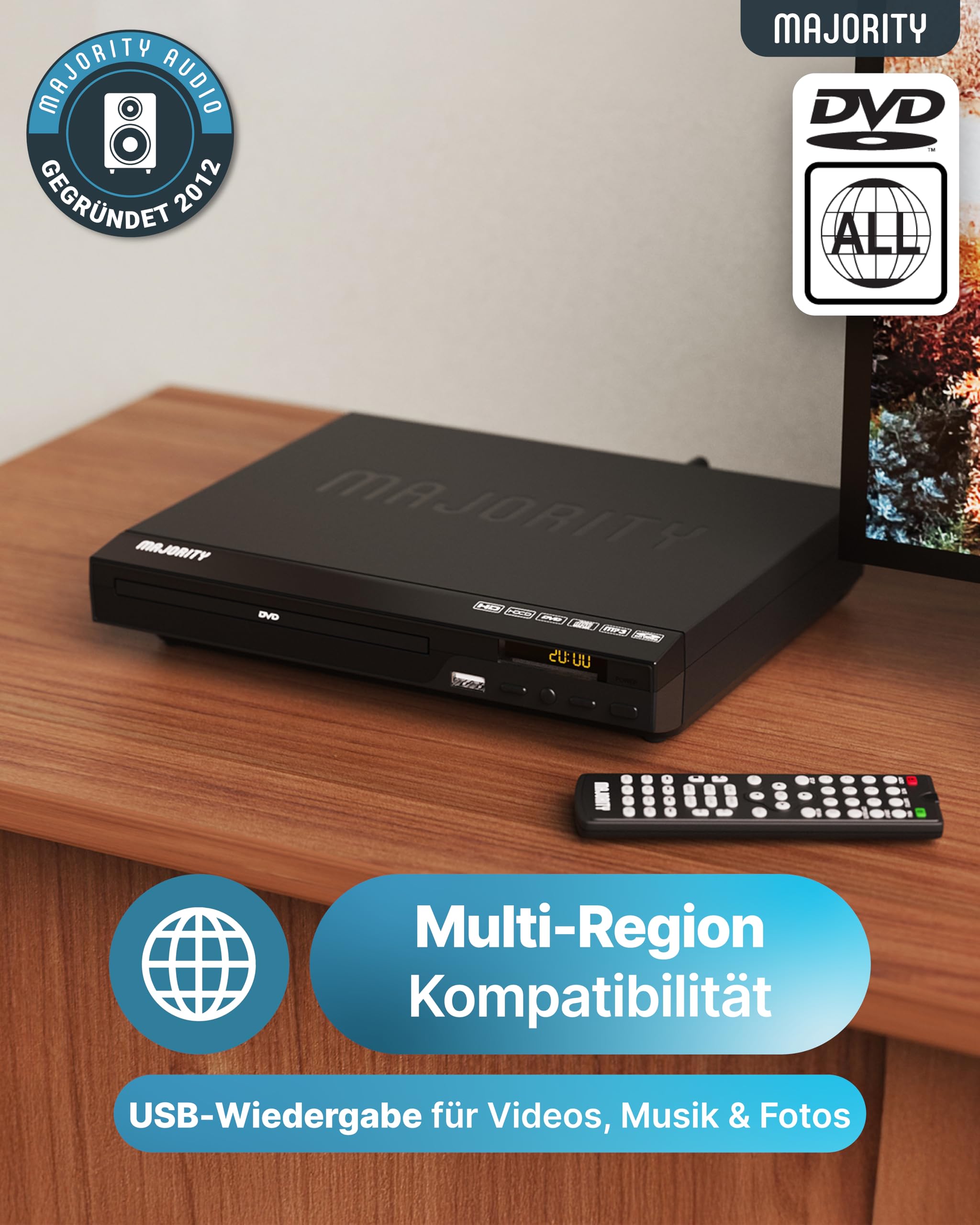 MAJORITY DVD Player | Region Free Mini DVD-Player Kompakt für TV/Fernseher | 1080p Upscaling, USB & CD Wiedergabe | Mit HDMI Kabel & Fernbedienung