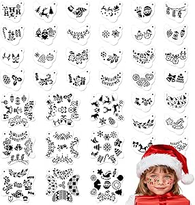JSRQT 39Pcs Christmas Face Painting Stencils, Soft Reusable Body Painting Template Kit for Adults, Snowflake Snowman Tattoo Stencils for Christmas Holiday Party Makeup