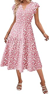 Womens Summer Casual Dresses Ruffle Sleeve V Neck Midi Dress Flowy Tiered Dress with Pockets Boho Sundresses - Buy now