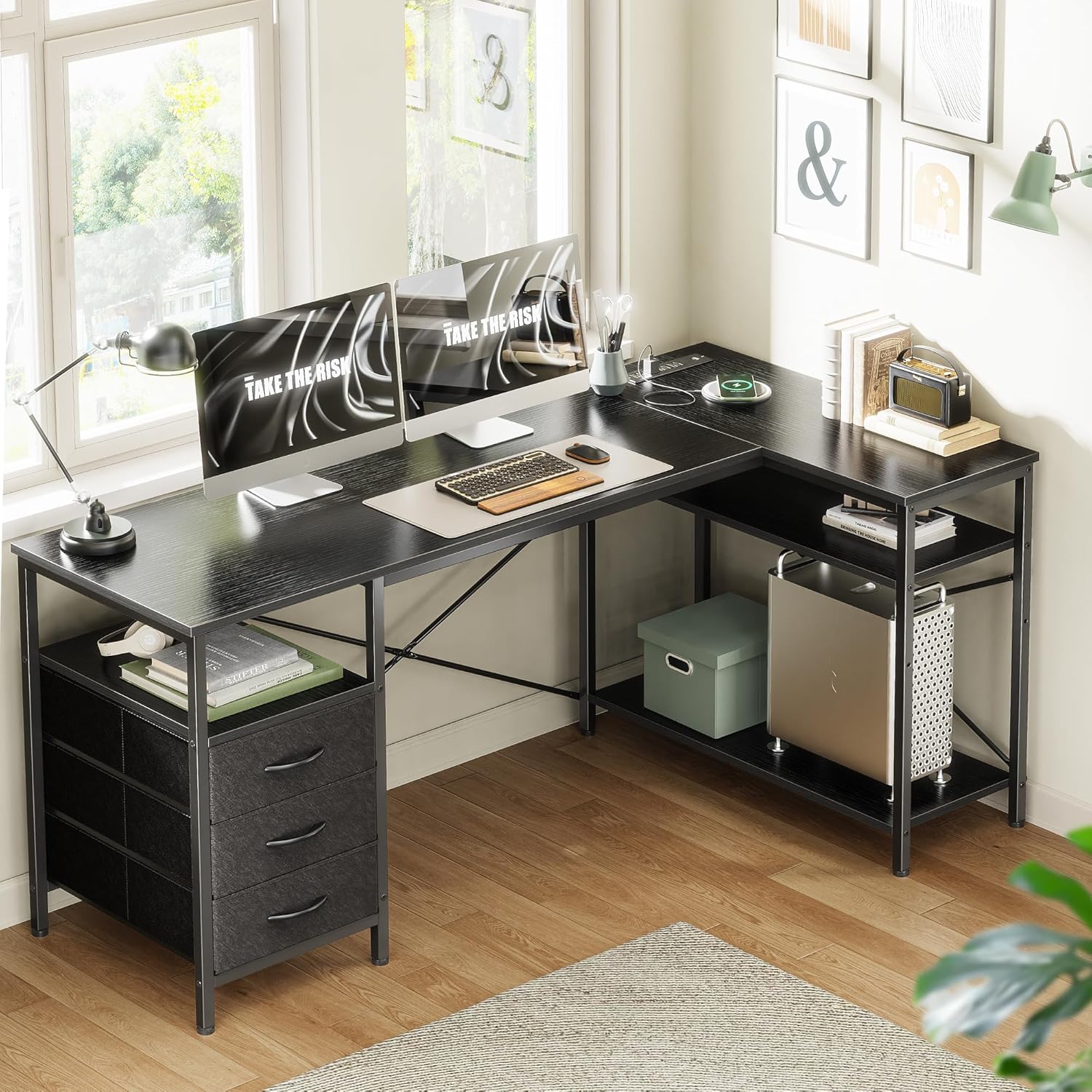 huuger l shaped office desk with power outlets, 55 inch computer desk with 3 drawers, shelves, reverisble for gaming corner work home office study, black black 55inch