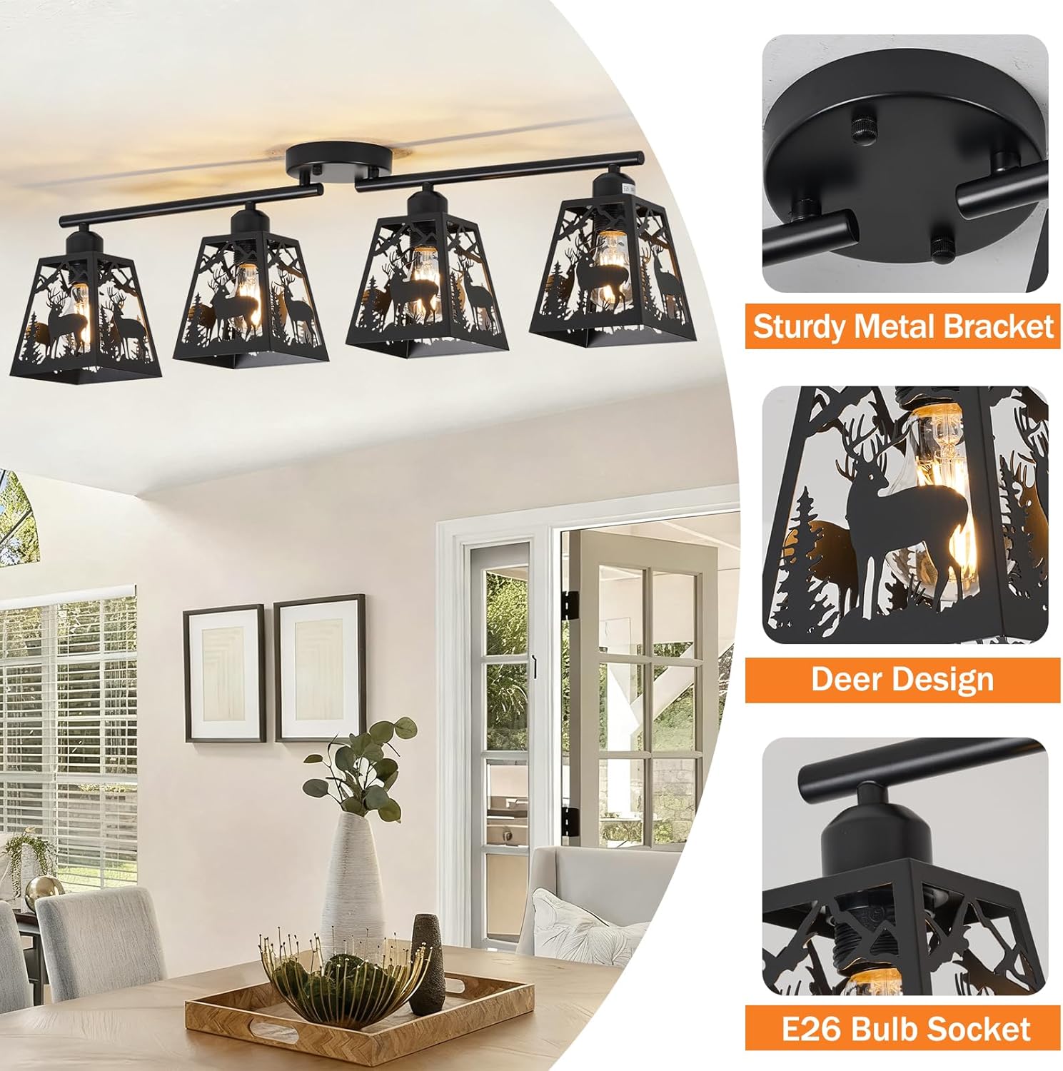 Rustic Flush Mount Ceiling Light - 4-Light Metal Fixture with Deer Design, Farmhouse Ceiling Lamp for Kitchen, Living Room, Bedroom, Dining Room, Entryway, Hallway (Bulbs not Included)