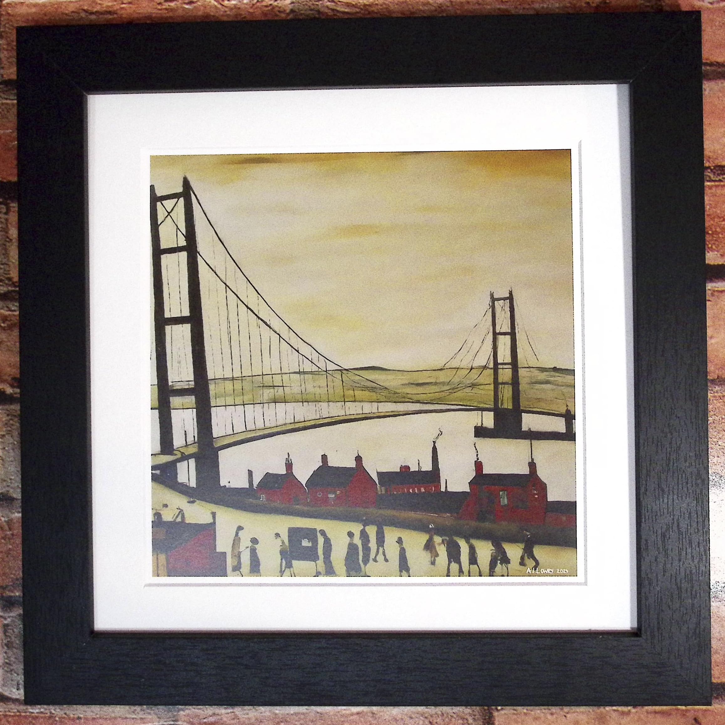 Greetingles Lowry-Style 12"/31cm Square Framed Print. Beautiful Black Ash Frame (Lowry, Humber Bridge) — image 1