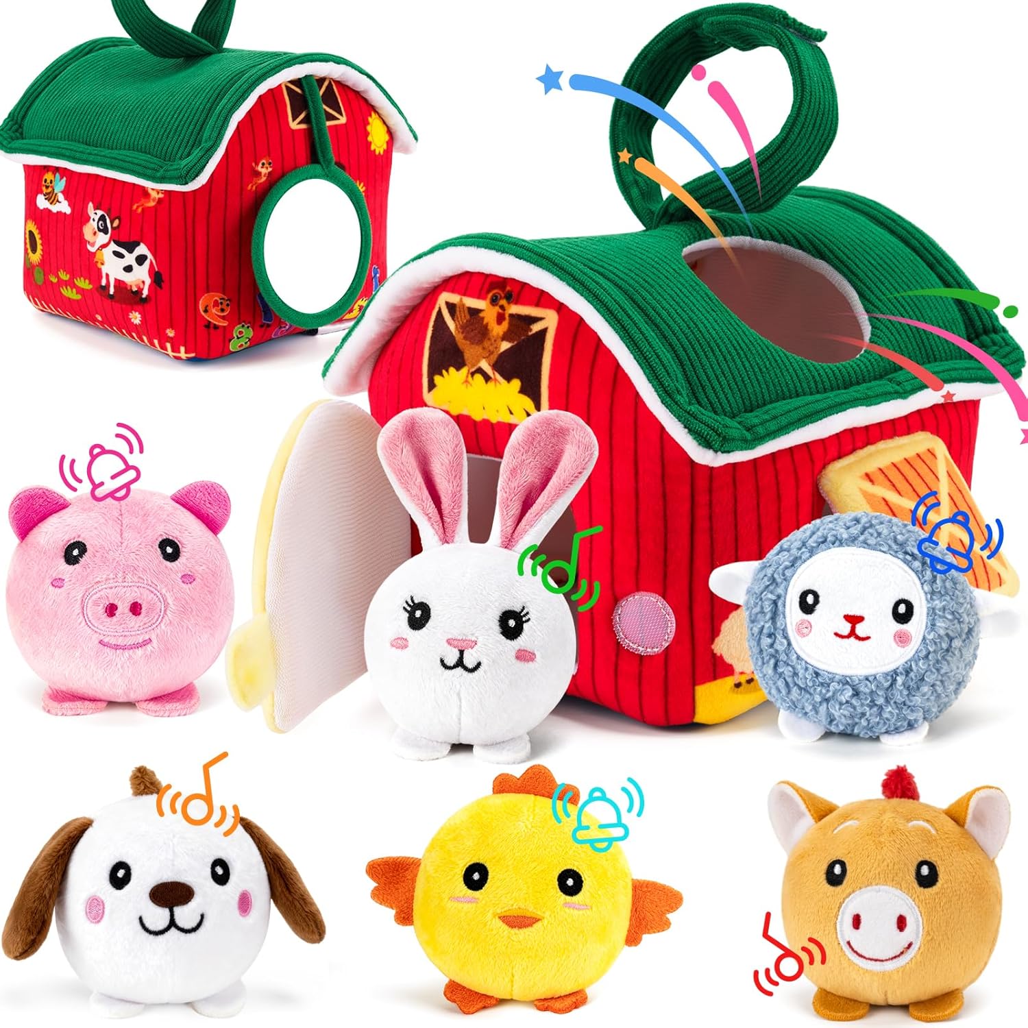 Baby Toys - Soft Farm Barn with 6 Sensory Stuffed Animals, Rattle, Crinkle, Mirror, Montessori Toys Ball for 6-12 Months & 0-3 Year Old Toddlers Boy Girl Birthday Gifts Travel & Fidget Toy