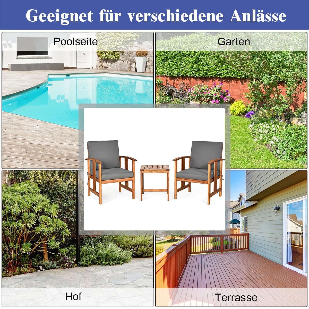 FANTASK 3-TLG Balkonset aus Akazienholz, Balkonmöbel inkl. Beistelltisch und 2 Stühlen, 3-teiligen Gartenmöbel Set, mit 2 Sitzkissen & 2 Rückenkissen, für Garten, Balkon