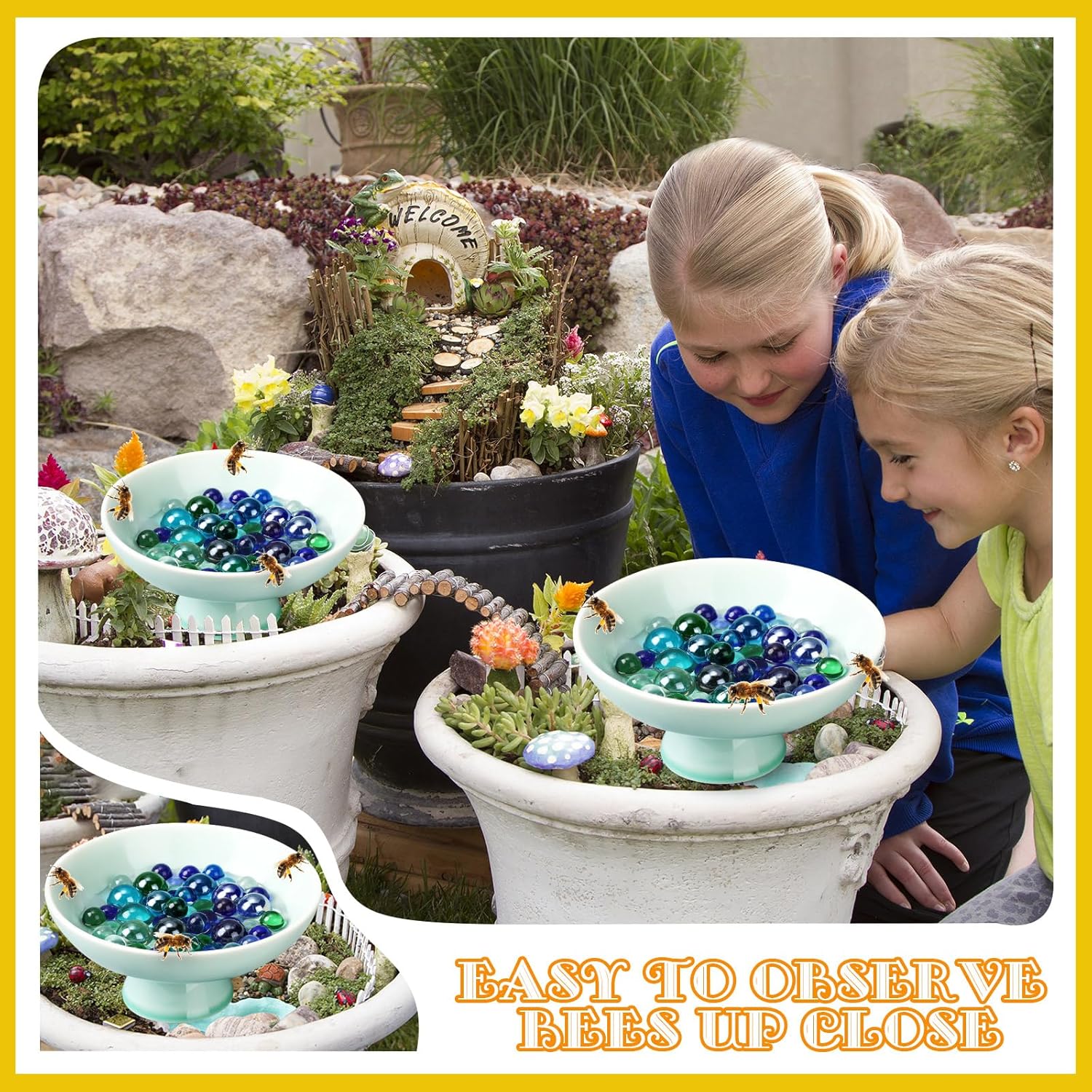 Wenqik 2 Pcs Bee Watering Station Ceramic Bowl for Feeding and Watering Bees Butterflies Decorative Bee Water Station Cups with 160 Pcs Glass Marbles for Home Yards Gardens