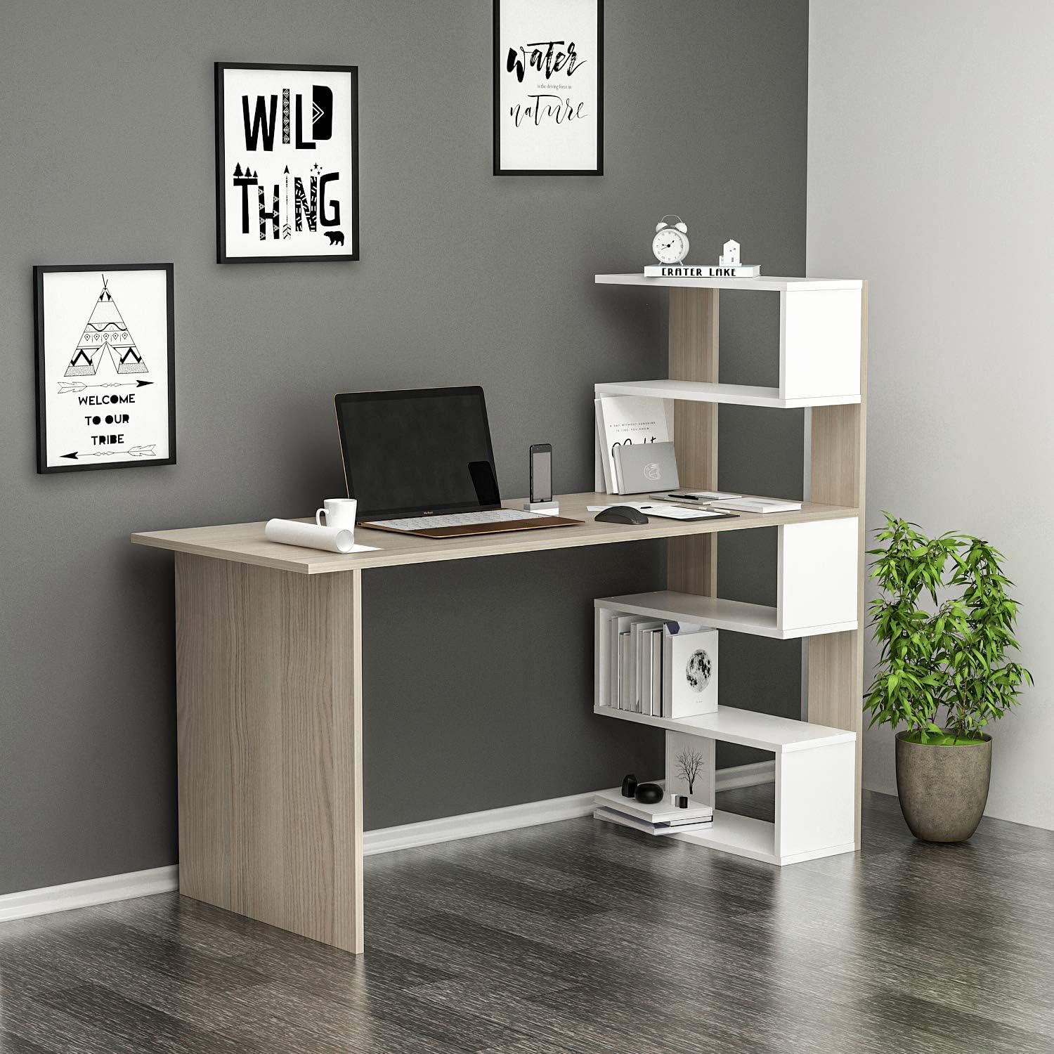Scrivania angolare con scaffale e vetrina LED 120×80×180 cm – Scrivania moderna con passacavi, 3 cassetti, 2 ante e spazio per animali | Leroy Merlin