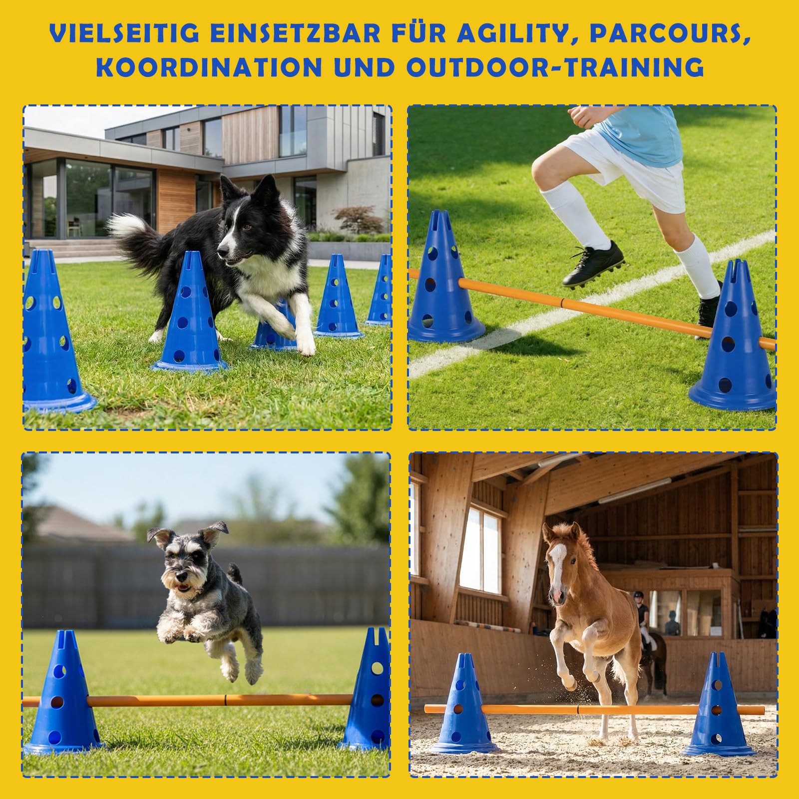 Cavaletti Stangen Hund Agility Set Hunde Klein Groß 30 cm Hoch, Sports Steckhürdenset mit 8 Kegel 16 Stangen, für Pylonen Hundetraining & Fussball Trainingszubehör