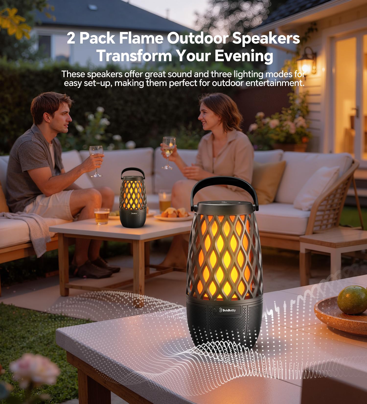 Close-up of the BolaButty speaker's LED light effect demonstrating its flame simulation mode.
