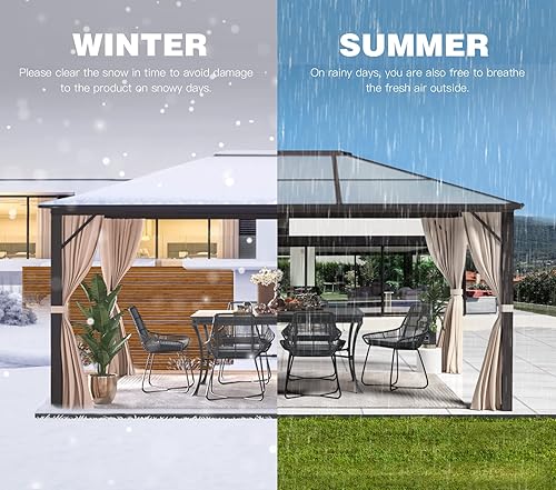Miniatura 5 de YOLENY Cenador de techo rígido de 12 x 14 pies, toldo de techo de policarbonato para exteriores, marco de aluminio, pabellón permanente con cortinas