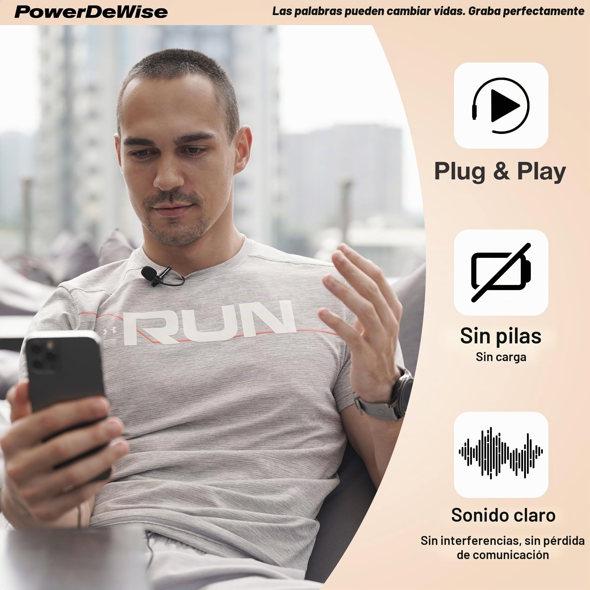 PowerDeWise - Micrófono Lavalier de Grado Profesional con Clip para cámara, teléfono, iPhone, GoPro, grabación de vídeo ASMR, pequeño micrófono de Camisa de 3,5 mm con Sistema de Clip fácil