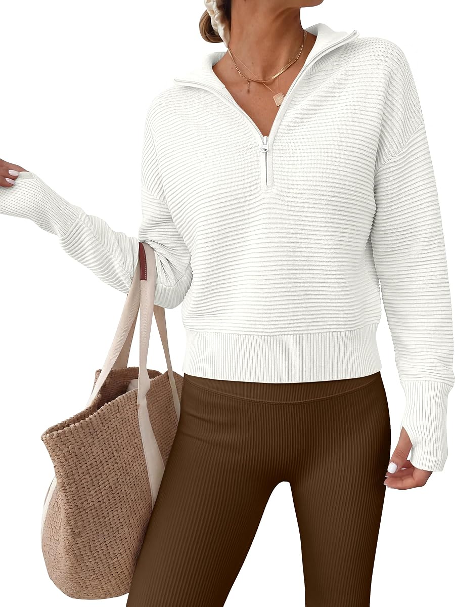 ANRABESS Womens Long Sleeve Quarter Zip Cropped Sweater | V Neck Collared Thumb Holes, Soft Ribbed Knit Pullover Top, with Leggings, Work Business Casual,Travel,Fall Spring Transition