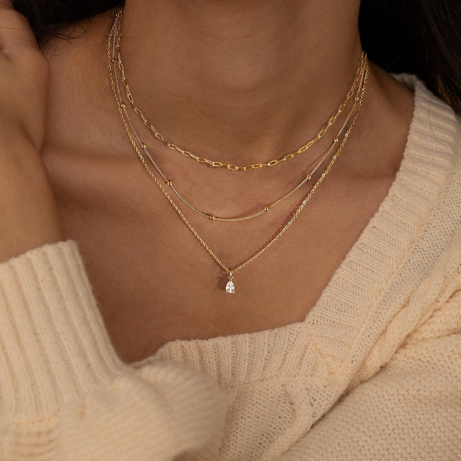 Layered Necklaces for Women,Dainty 14k Gold Plated CZ Layered Choker Necklace for Women Trendy Non Tarnish Hypoallergenic Beaded Paperclip Chain Necklace Stack Women's Minimalist Gold Jewelry Gifts - Image 4