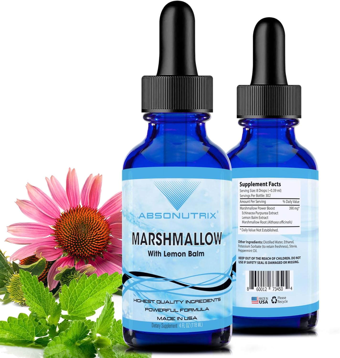 Absonutrix Marshmallow with Lemon Balm 390 mg, 4 Oz Liquid, 302 Servings, Made in USA, Quick Absorption, Quality Potent Ingredients, Non-GMO, GMP Certified,Marshmallow Liquid Extract