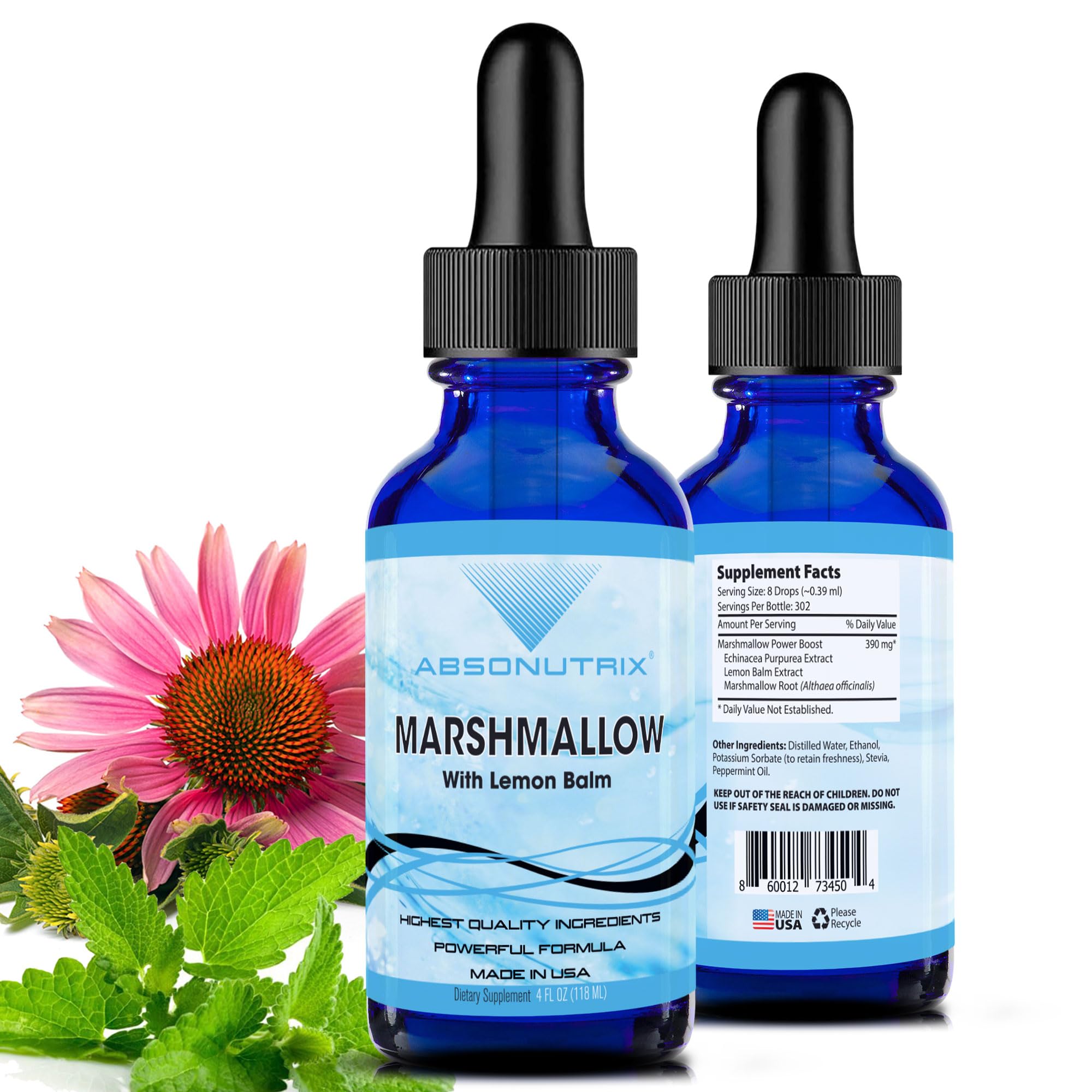 Marshmallow with Lemon Balm 390 mg, 4 Oz Liquid, 302 Servings, Made in USA, Quick Absorption, Quality Potent Ingredients, Non-GMO, GMP Certified,Marshmallow Liquid Extract