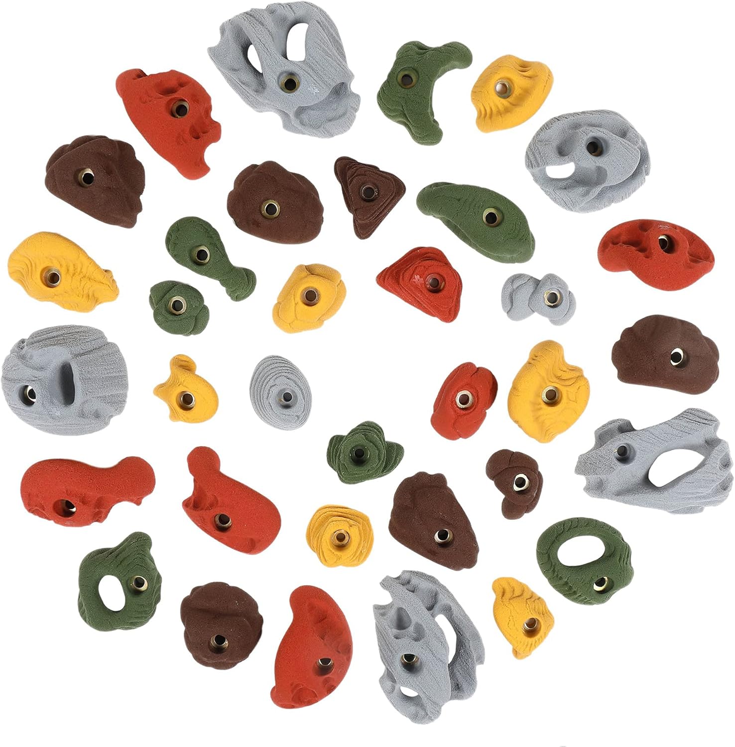 Atomik Rock Climbing Holds Set of 35 Bolt-On Rock-Like Pinches, Pockets, Slopers, Jugs, and Footholds in Assorted Earth Tones