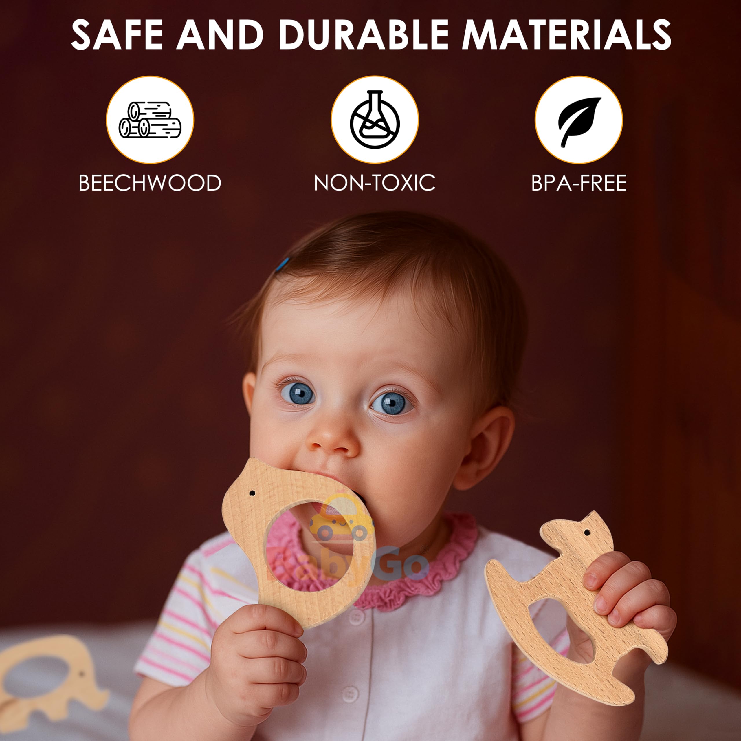 BabyGo Wooden Baby Teether Combo | Natural Beech Wood Animal Shape Toy, Handmade & Eco-Friendly | Safe & Gentle Gum Soother, Biodegradable Wooden Teething Relief Toys (Pack of 3)
