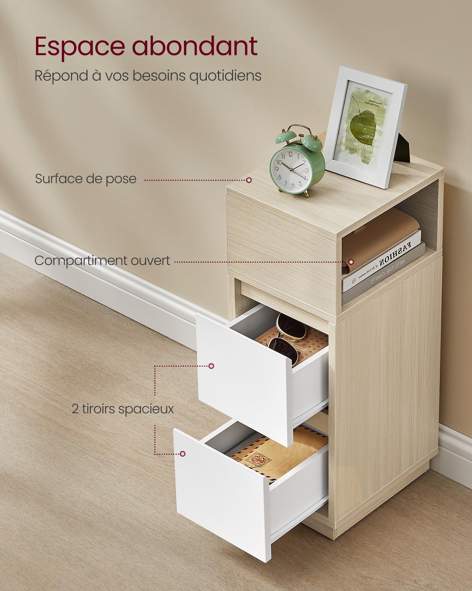VASAGLE KAILYN Collection - Table de Chevet Étroite, Lot de 2, Table d’Appoint, 2 Tiroirs, Compartiment Ouvert, Montage à Gauche ou à Droite, Chambre, Moderne, Beige Naturel et Blanc Nuage LET856N01V1