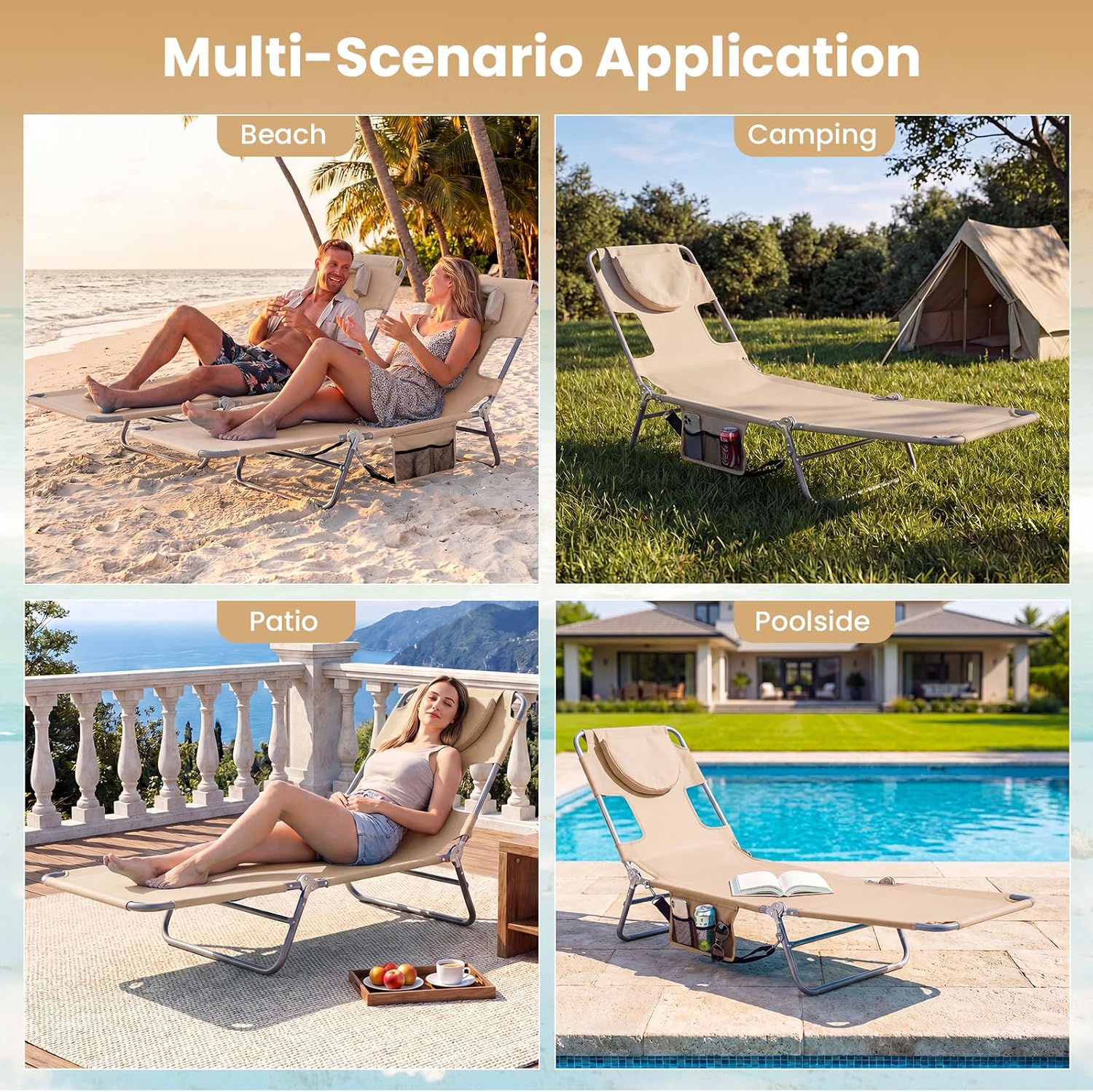 Goplus Tanning Chair, Folding Beach Lounge Chair w/5-Position Adjustable Backrest, Side Pocket, Face & Arm Holes, Removable Cushions, Portable Sunbathing Chair for Poolside (2, Biege)
