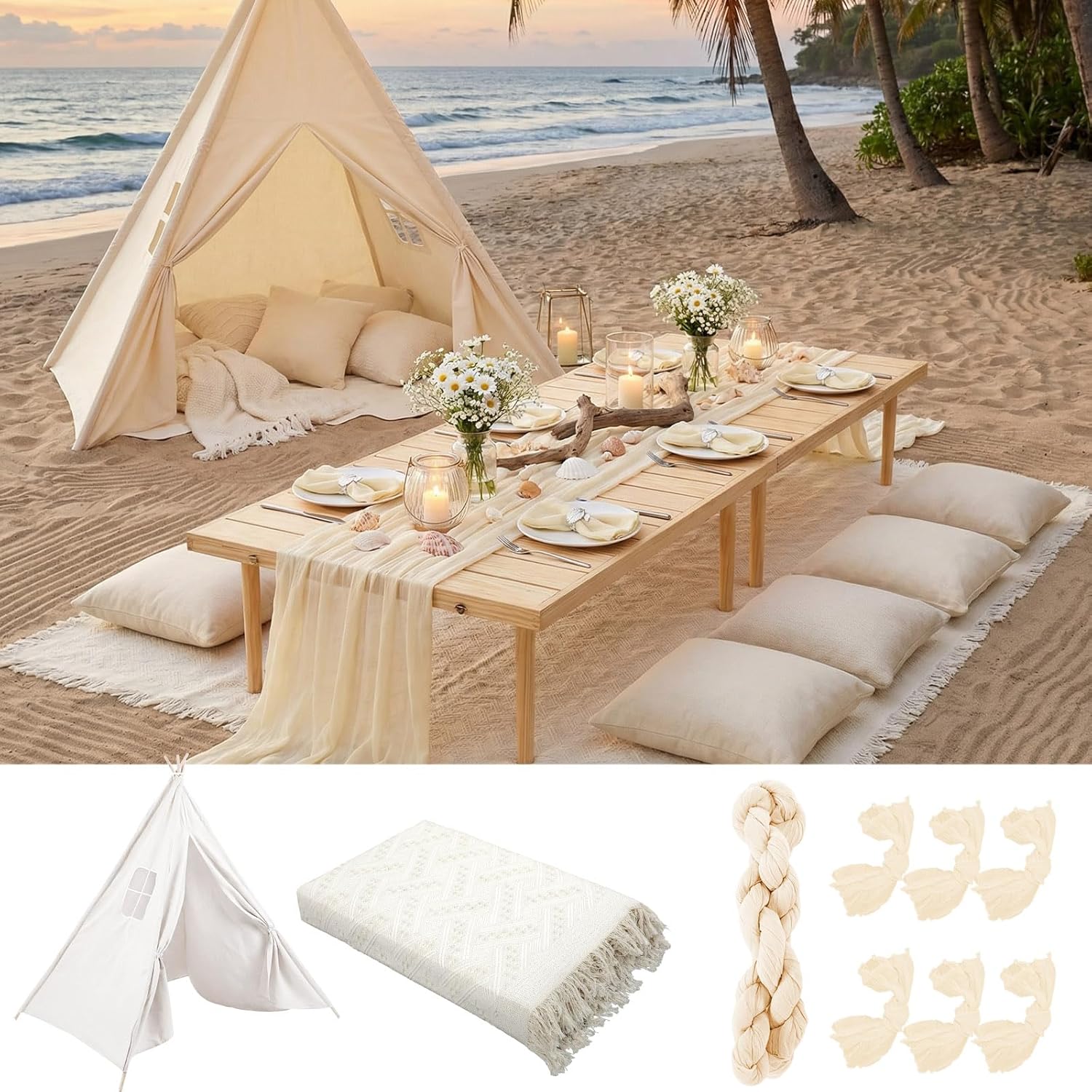 71x87'' Huge Teepee Tent with 91x71'' Extra Large Outdoor Boho Picnic Blanket Table Runner 6 Napkins Woven Cotton Yarn Oversized Beach Blanket Camp Wedding(White)